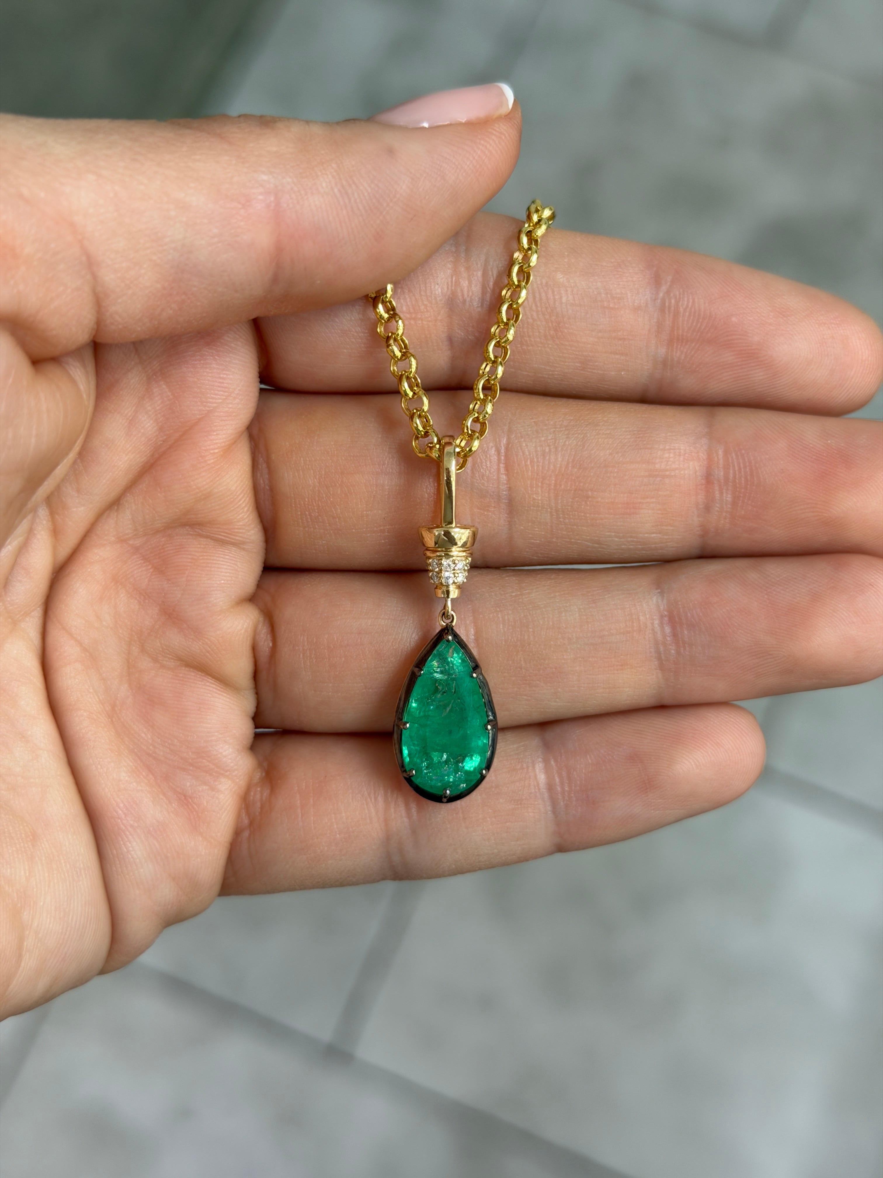 6.84tcw 14K Natural Pear Cut Emerald & Diamond Accent Charm Pendant Necklace
