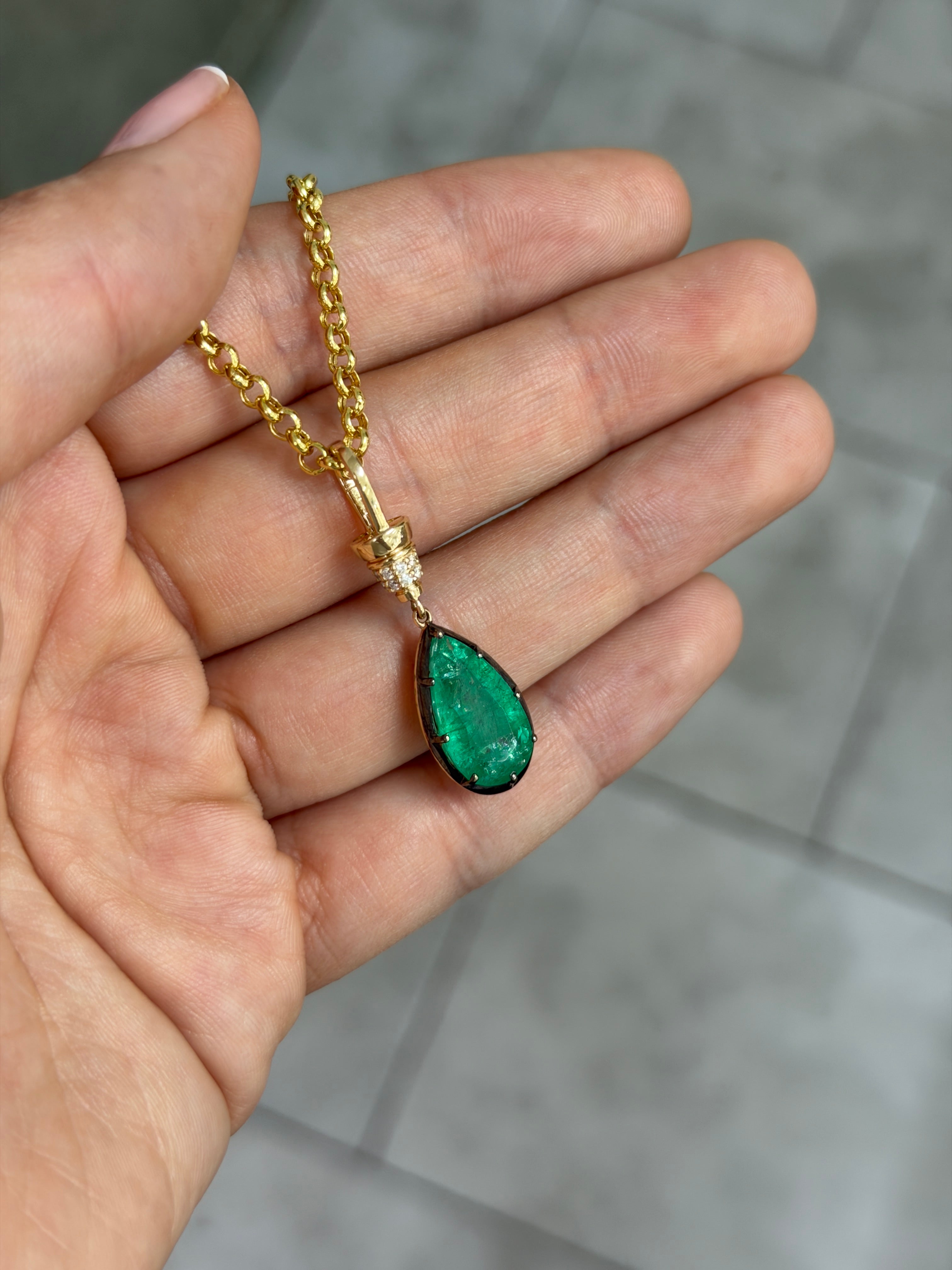 6.84tcw 14K Natural Pear Cut Emerald & Diamond Accent Charm Pendant Necklace