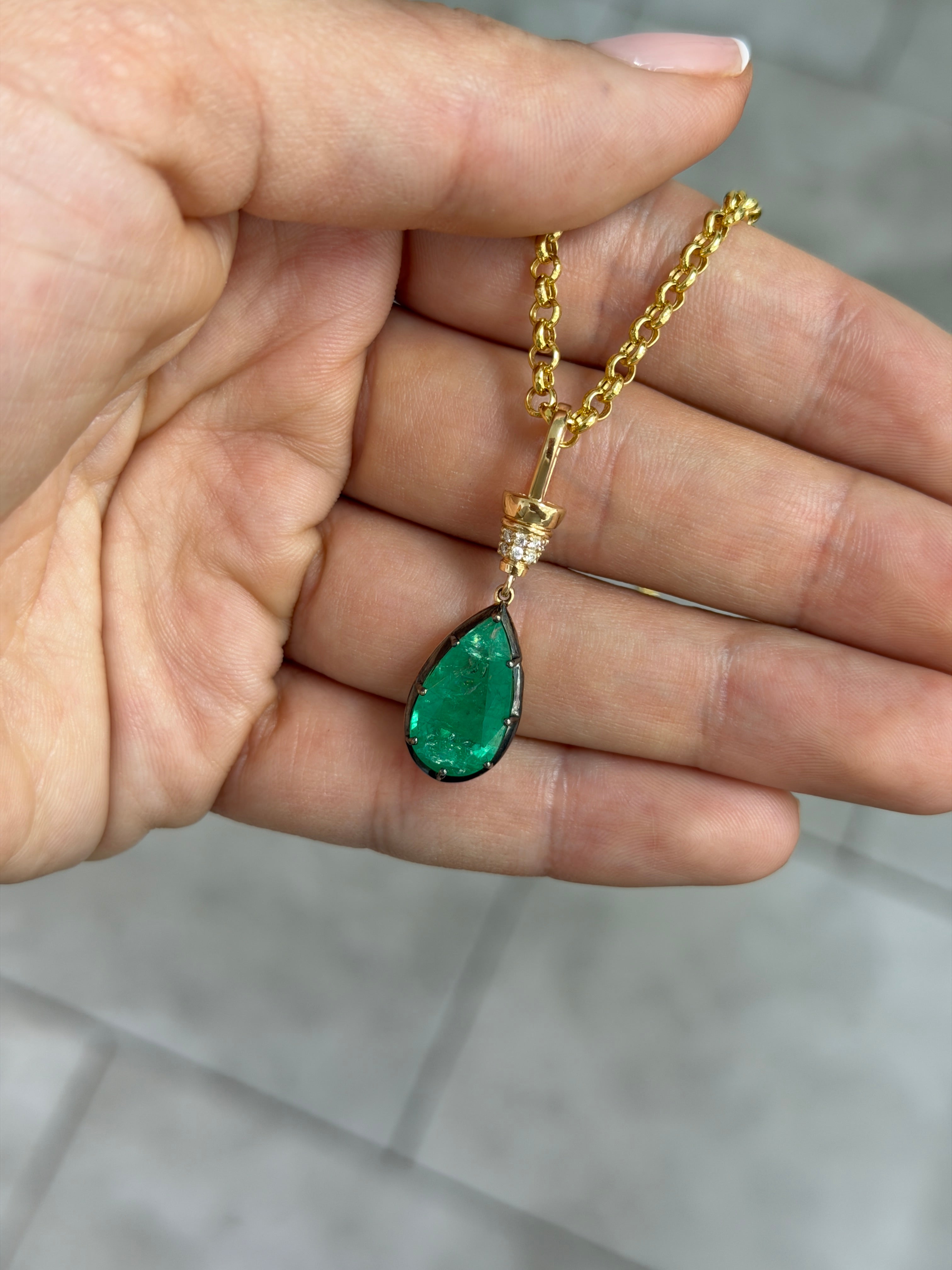 6.84tcw 14K Natural Pear Cut Emerald & Diamond Accent Charm Pendant Necklace