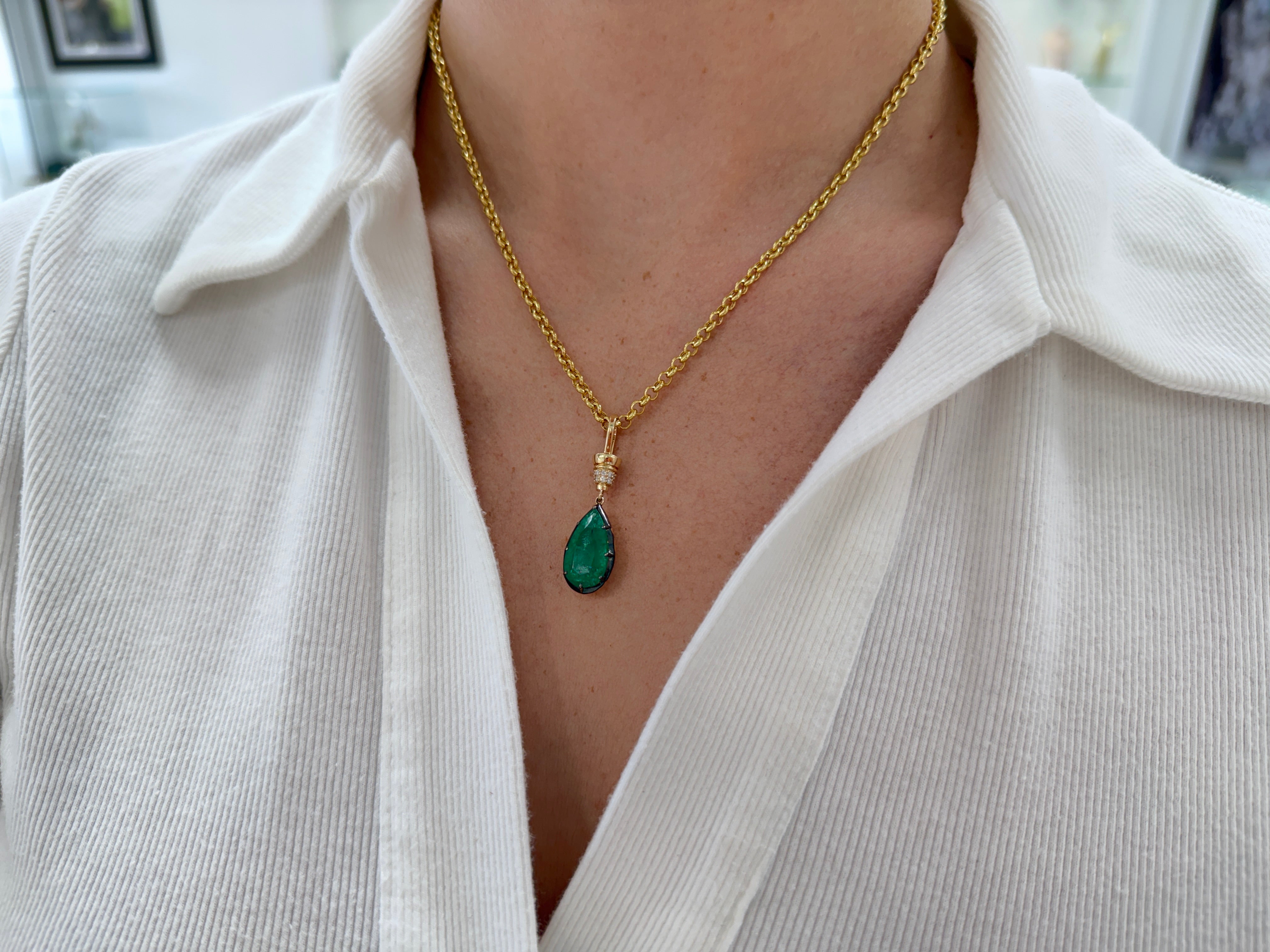 6.84tcw 14K Natural Pear Cut Emerald & Diamond Accent Charm Pendant Necklace