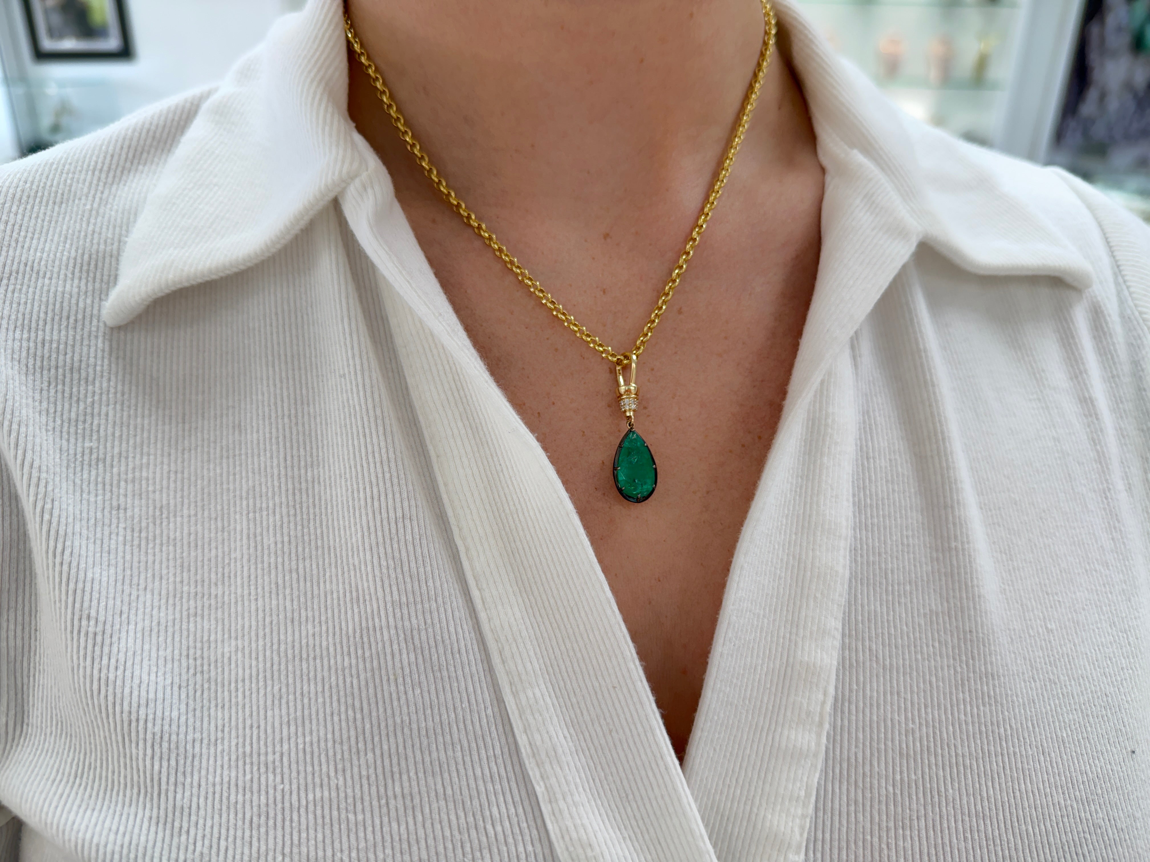 6.84tcw 14K Natural Pear Cut Emerald & Diamond Accent Charm Pendant Necklace