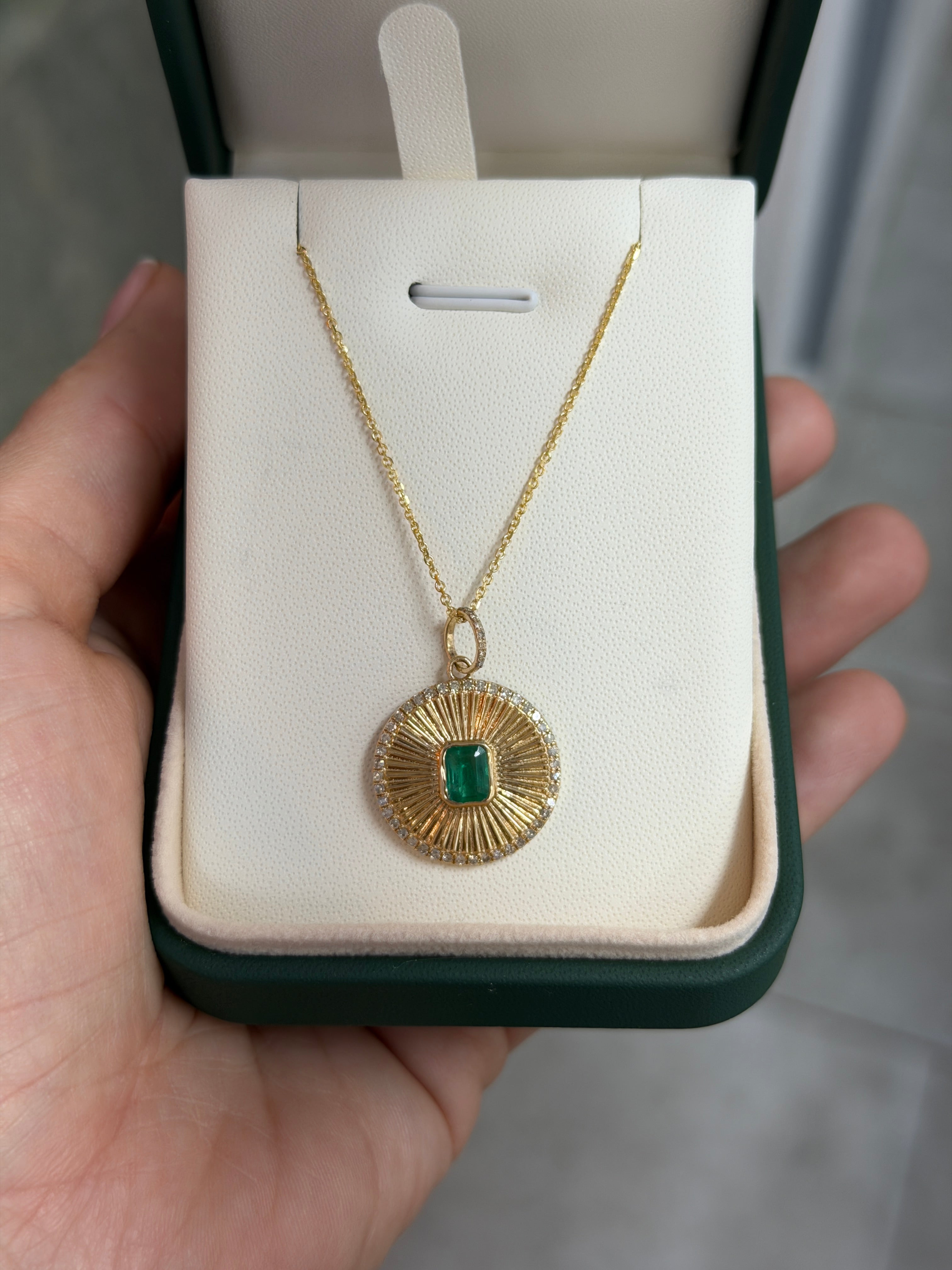 1.29tcw 14K Natural Emerald Cut Emerald & Diamond Halo Medallion Charm Pendant Necklace