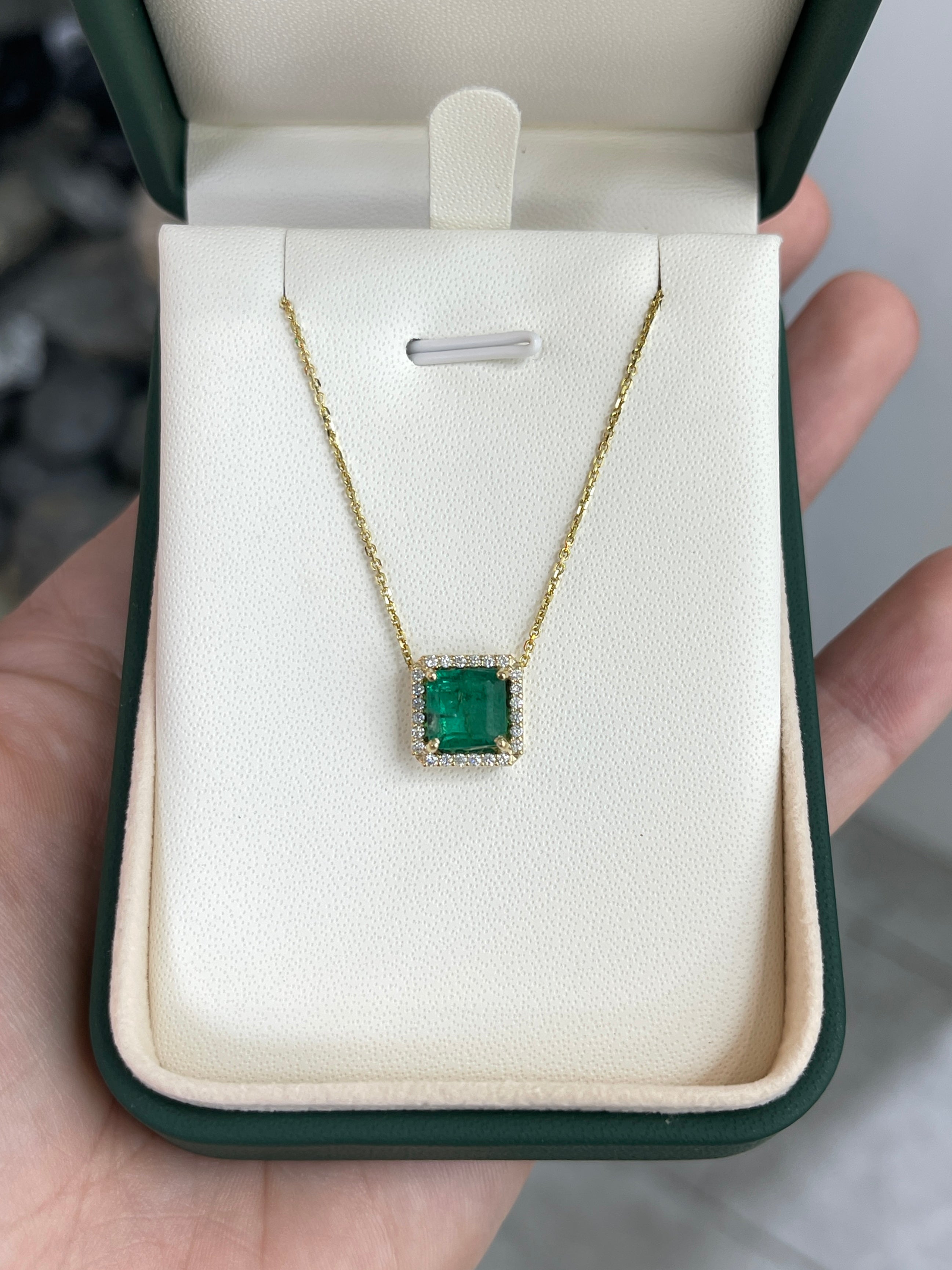 2.48tcw Asscher Cut Emerald & Diamond Halo Stationary Necklace 14K Gold