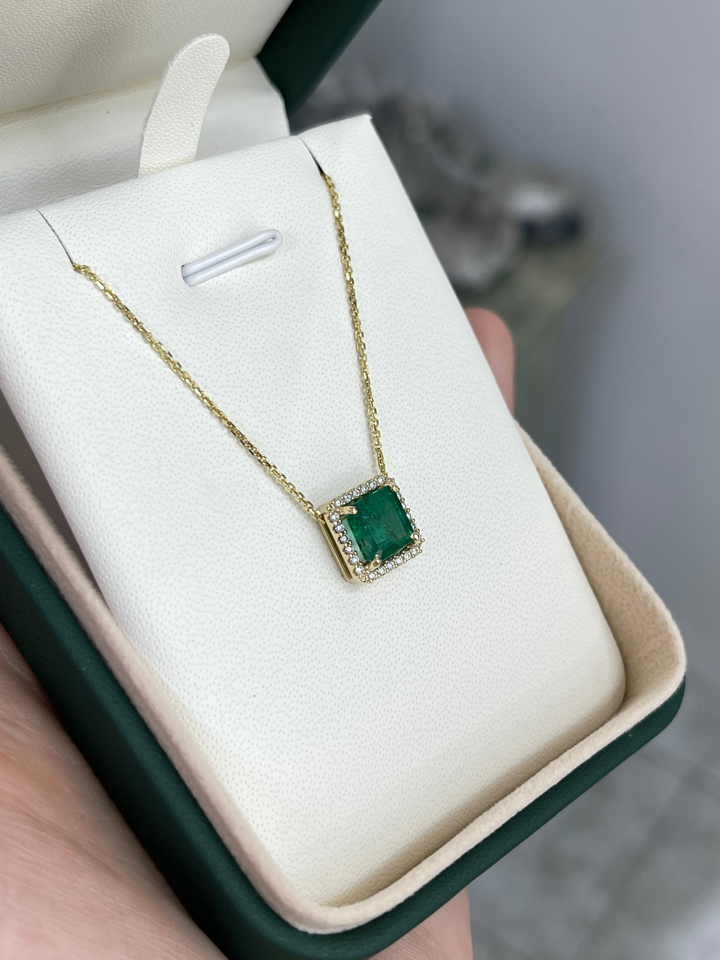2.48tcw Asscher Cut Emerald & Diamond Halo Stationary Necklace 14K Gold