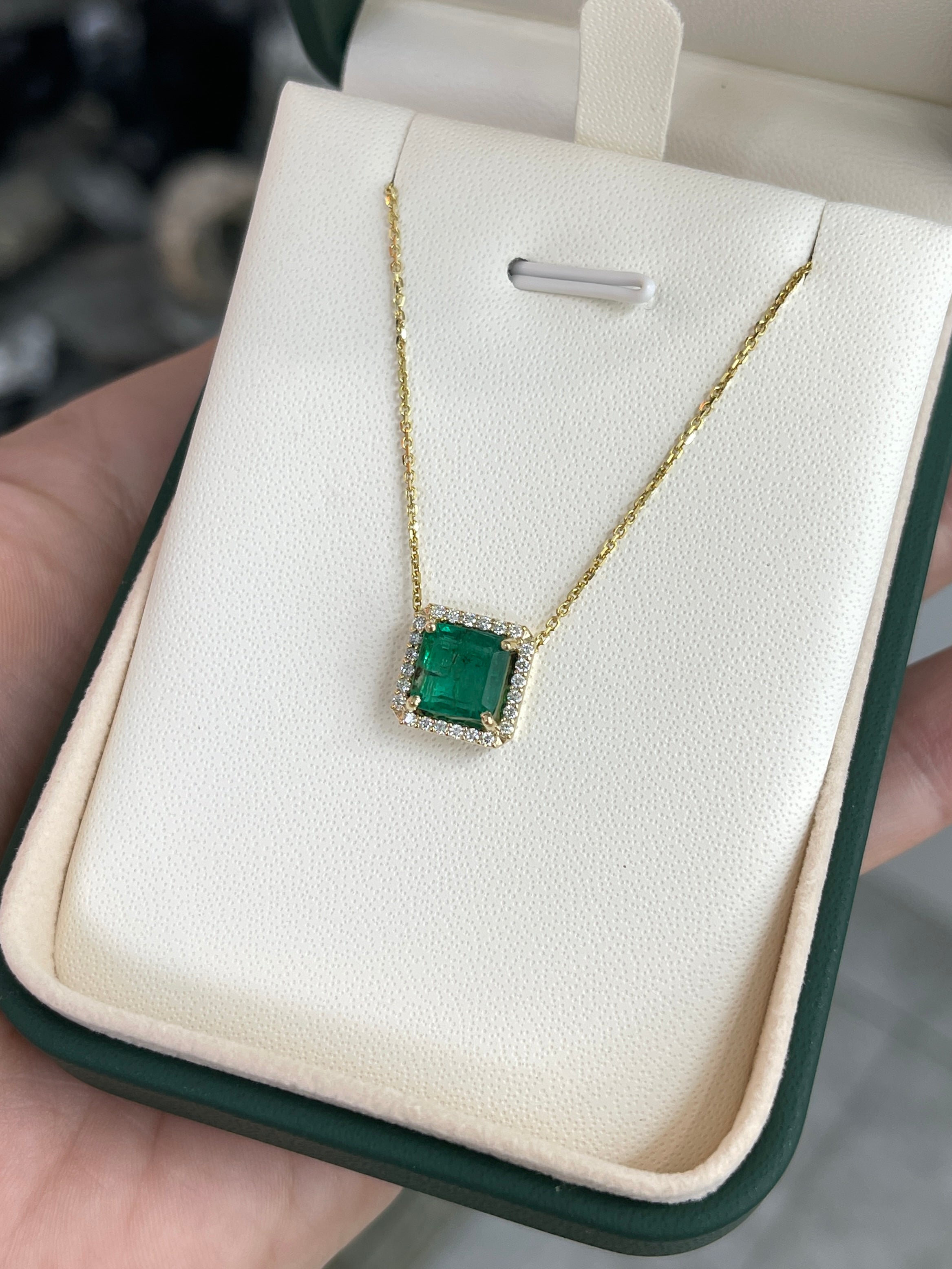 2.48tcw Asscher Cut Emerald & Diamond Halo Stationary Necklace 14K Gold