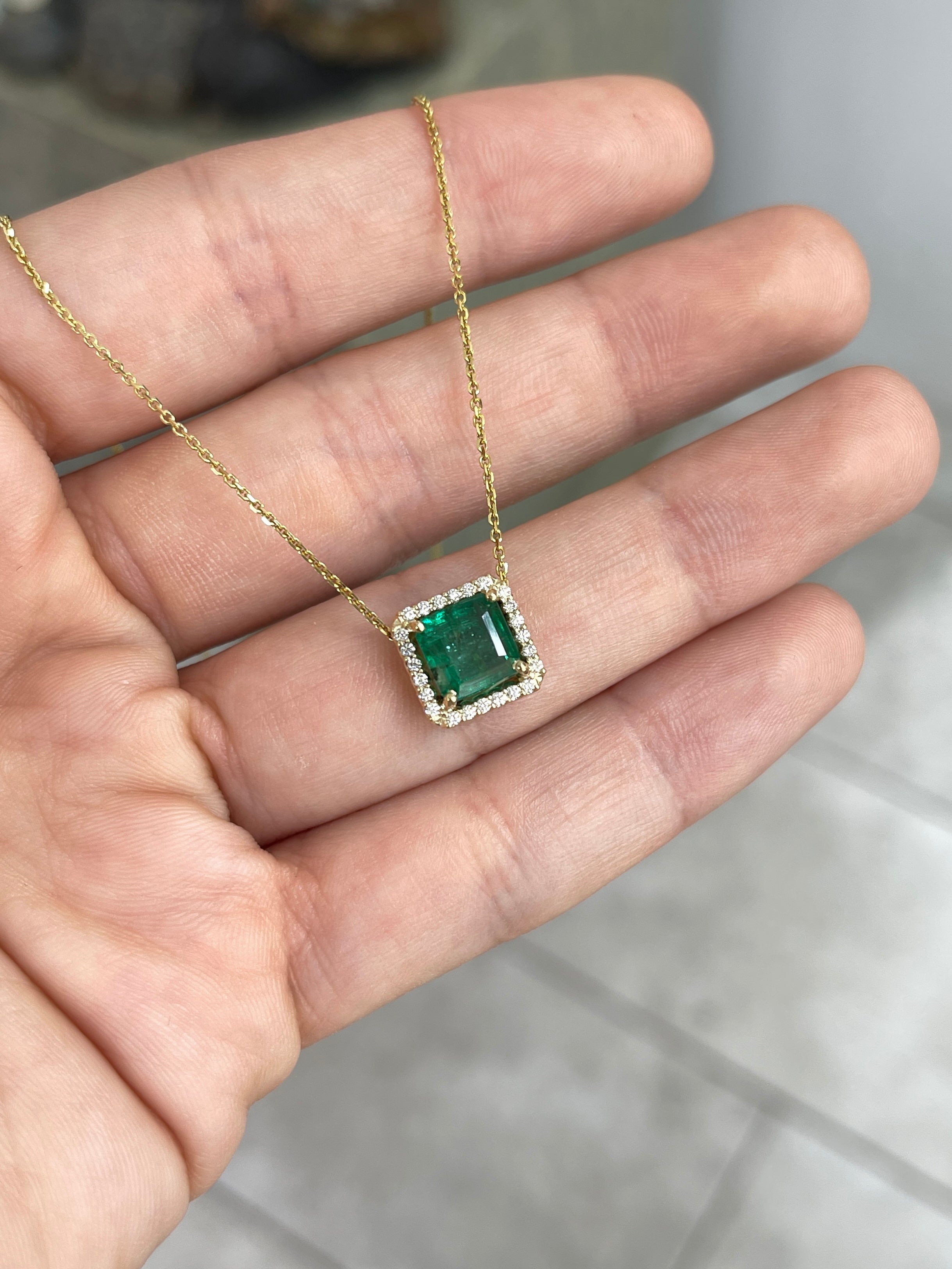 2.48tcw Asscher Cut Emerald & Diamond Halo Stationary Necklace 14K Gold