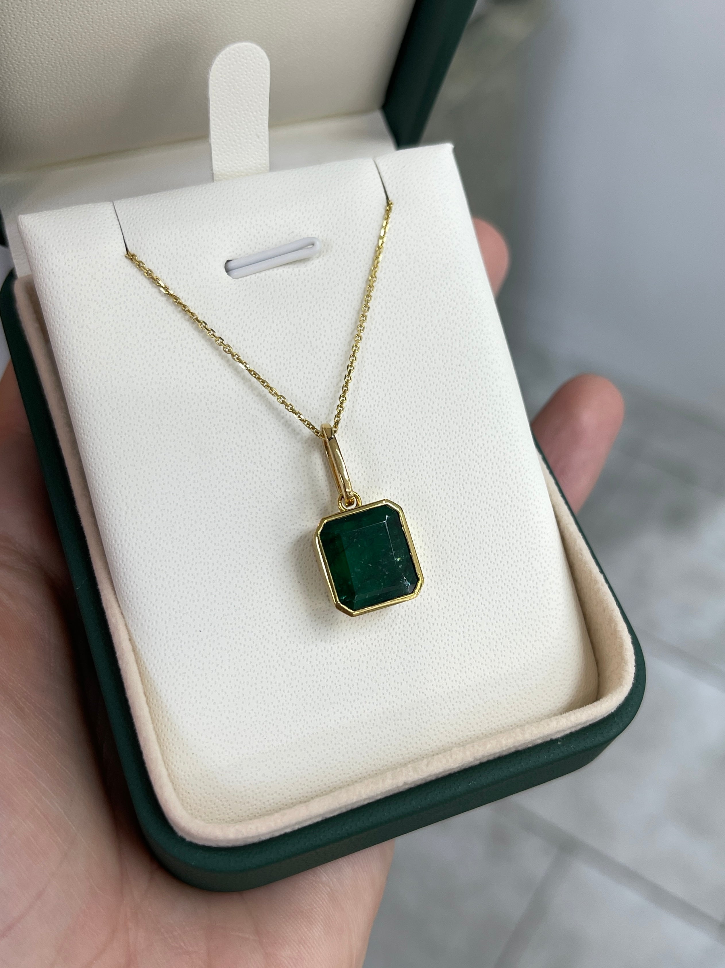 7.79 Carat Dark Green Bezel Set Zambian Emerald Necklace 14K Gold