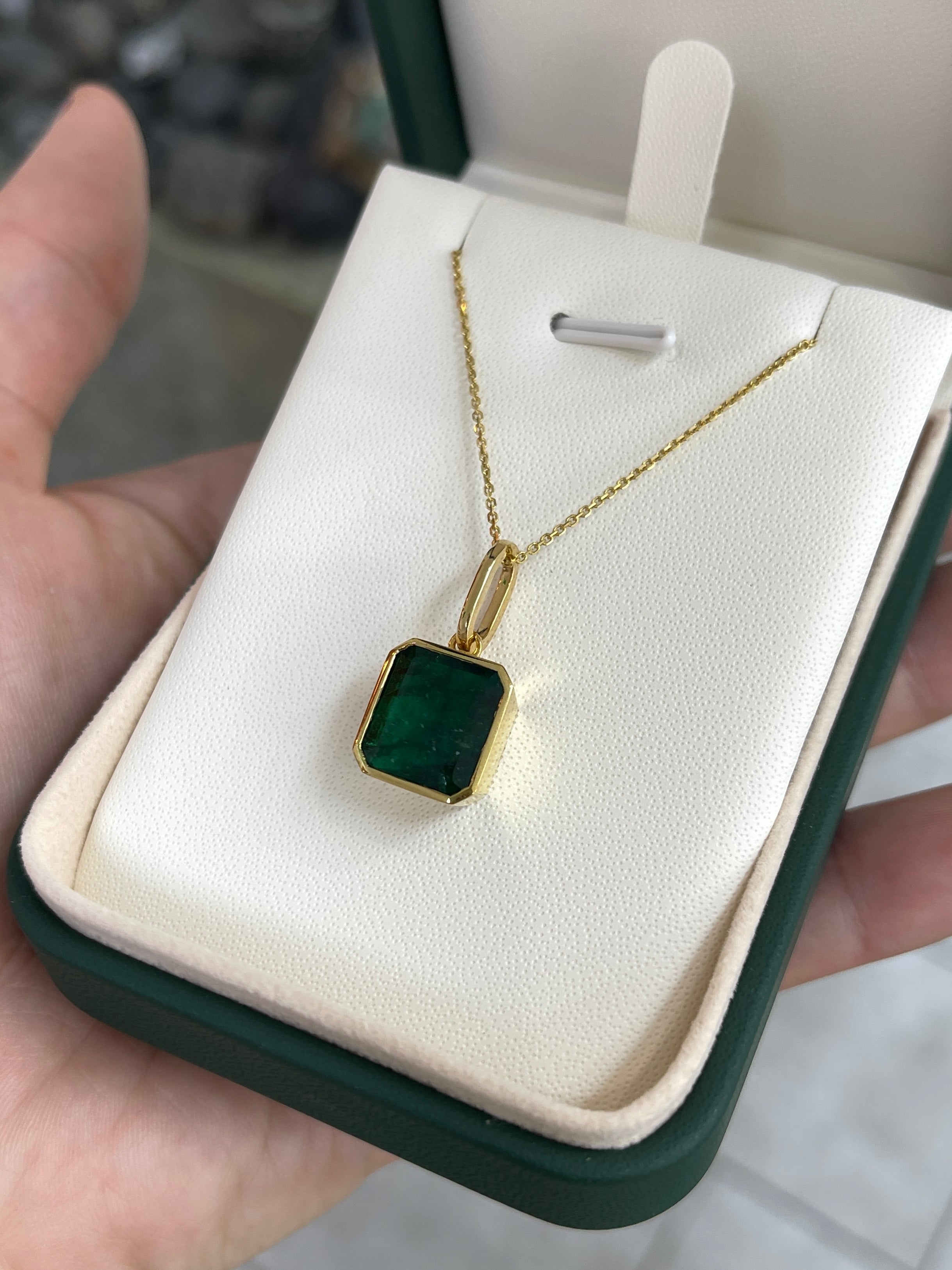 7.79 Carat Dark Green Bezel Set Zambian Emerald Necklace 14K Gold