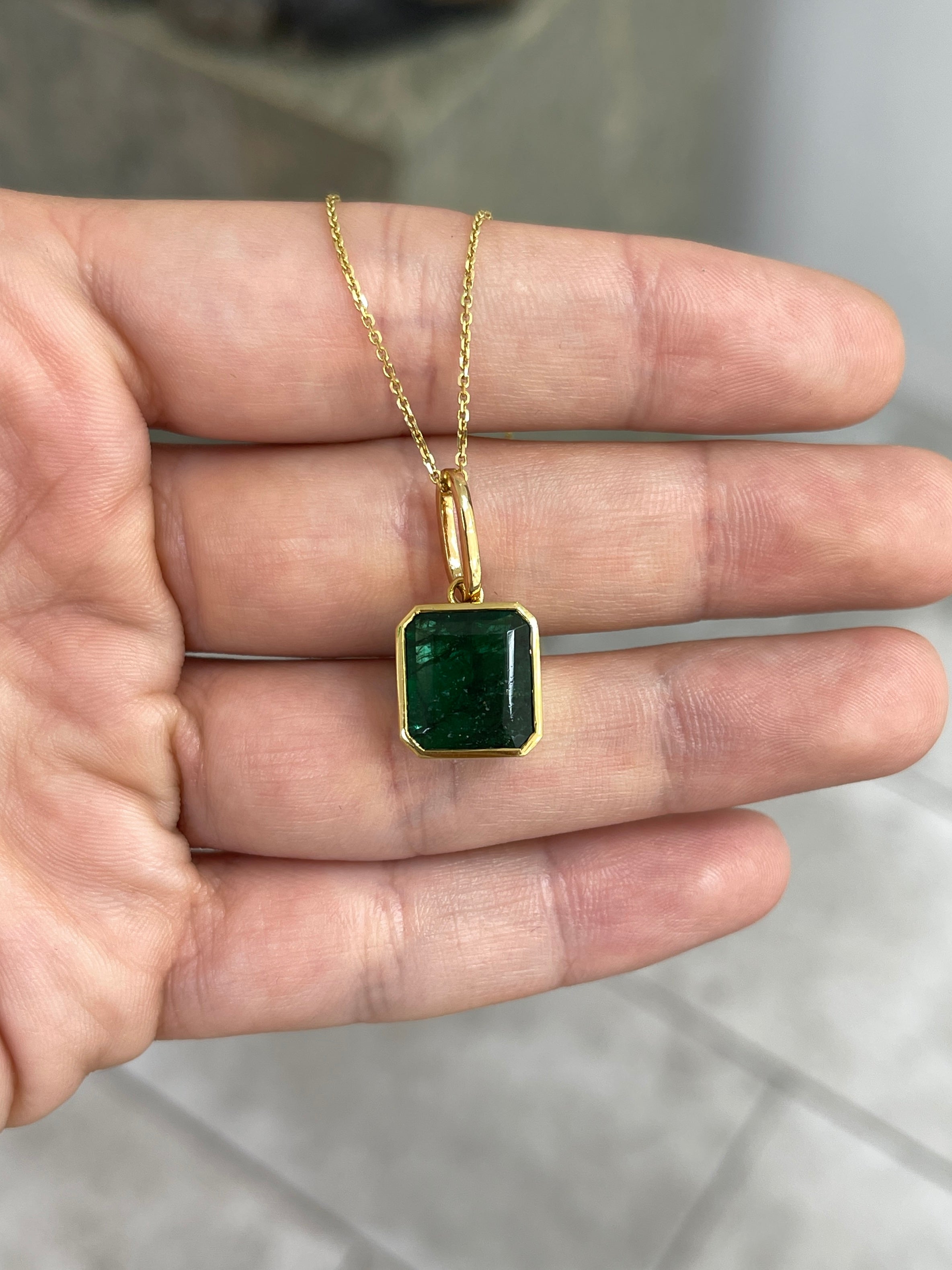 7.79 Carat Dark Green Bezel Set Zambian Emerald Necklace 14K Gold