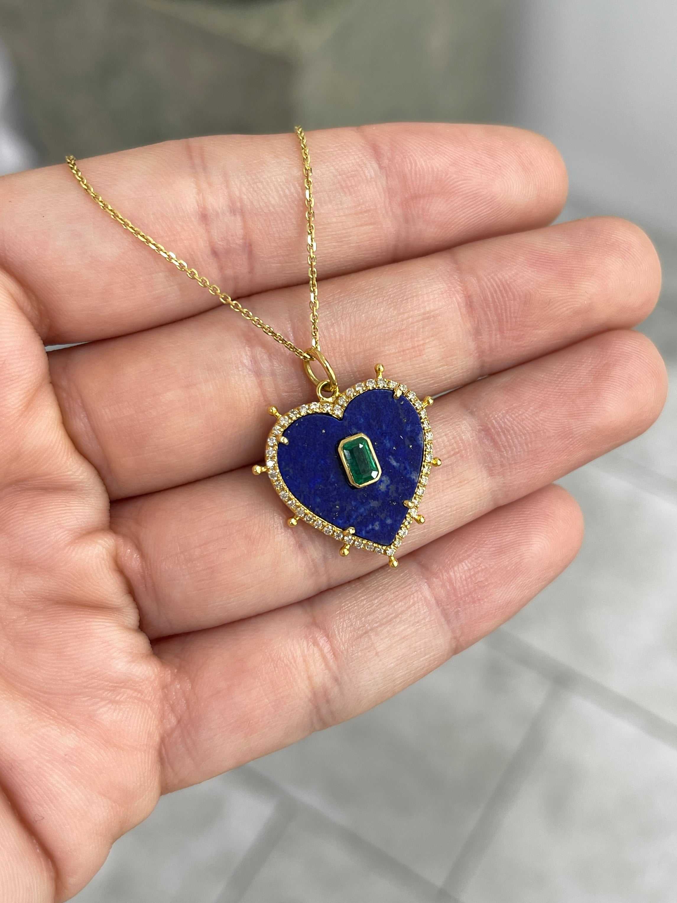 14KT YELLOW GOLD LAPIS HEART PENDANT WITH EMERALD AND DIAMONDS - JR Colombian Emeralds