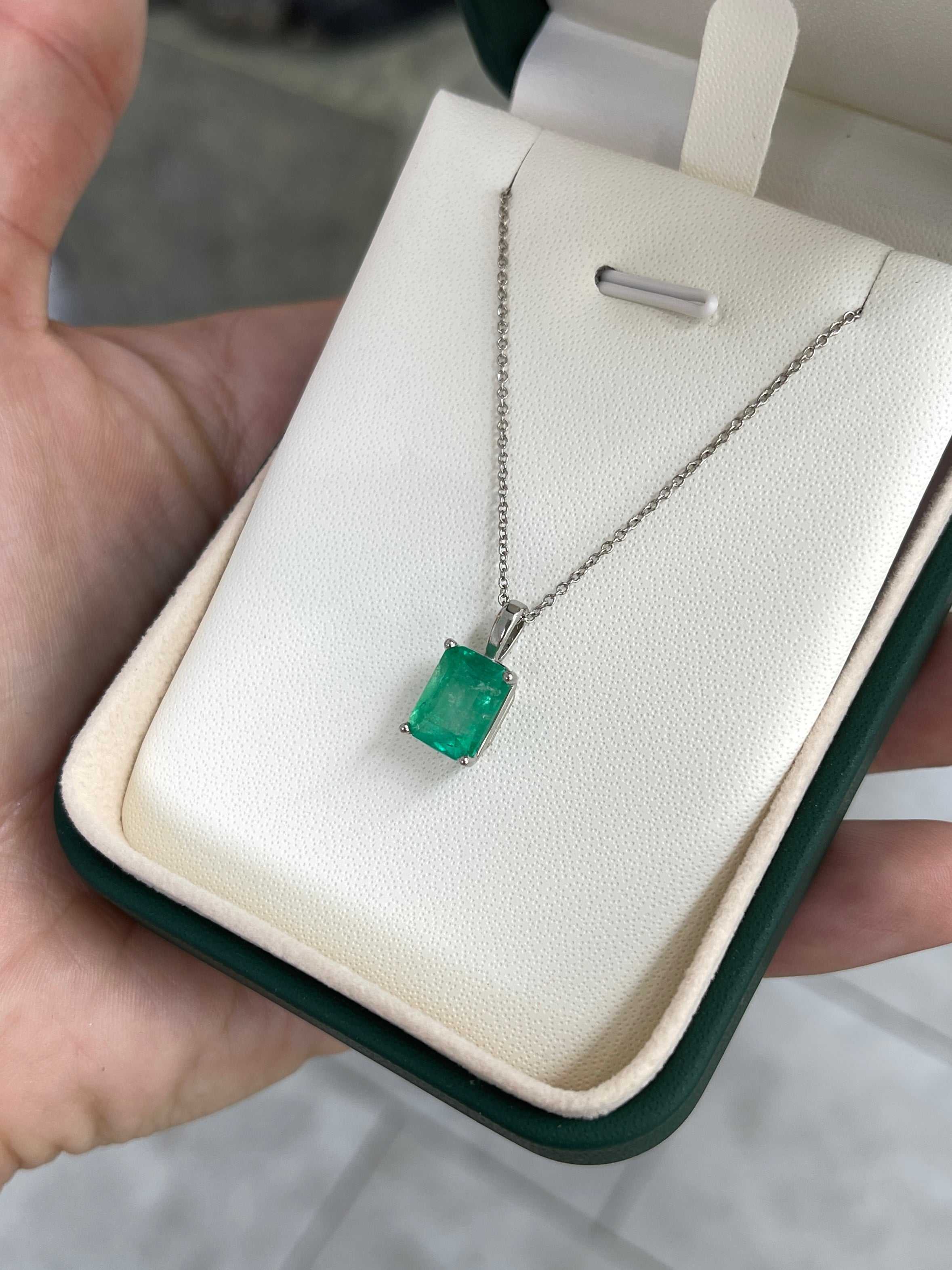 2.39 Carat 14K Gold White Gold Colombian Emerald Solitaire Neckalce - JR Colombian Emeralds