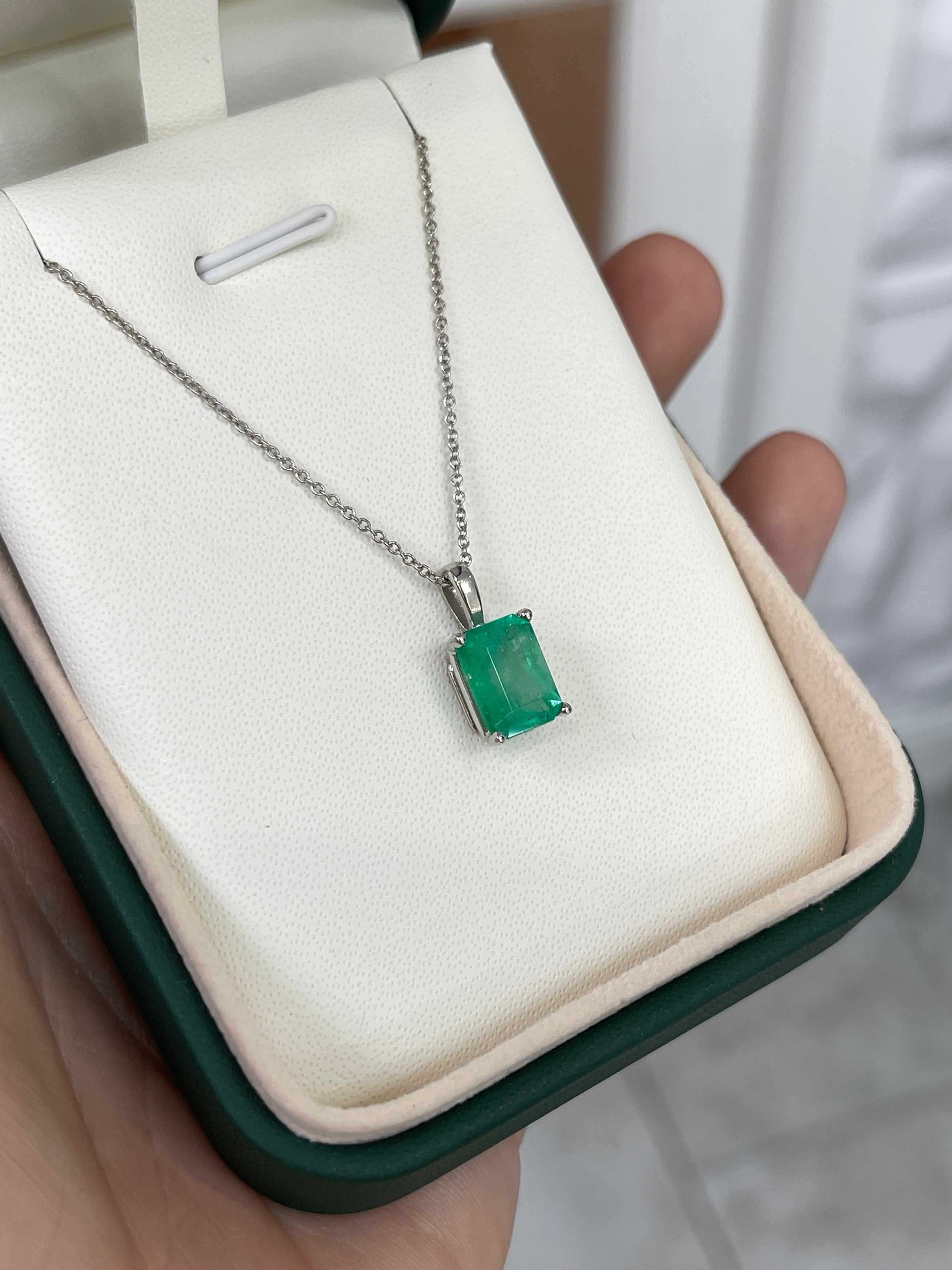 2.39 Carat 14K Gold White Gold Colombian Emerald Solitaire Neckalce - JR Colombian Emeralds