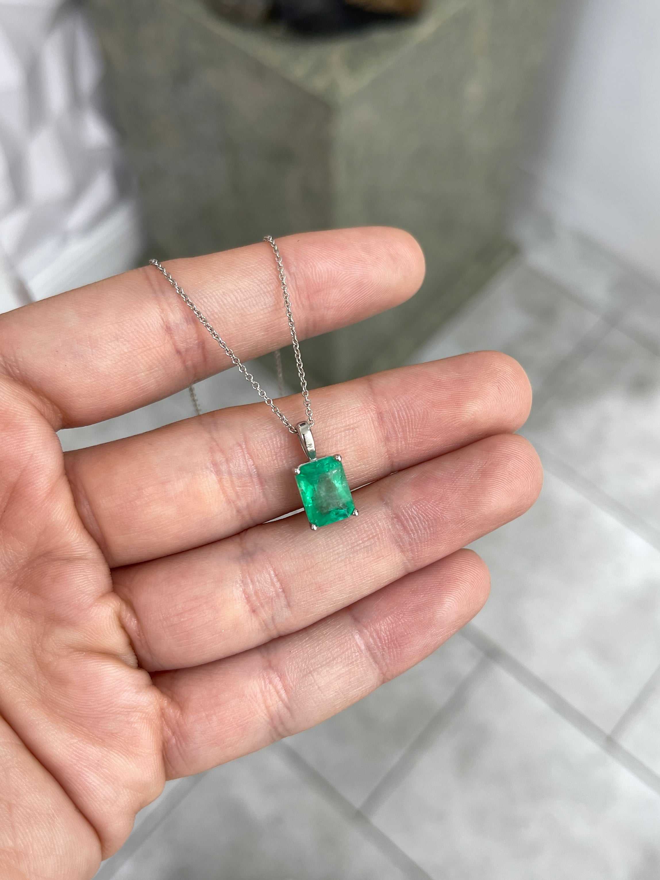 2.39 Carat 14K Gold White Gold Colombian Emerald Solitaire Neckalce - JR Colombian Emeralds