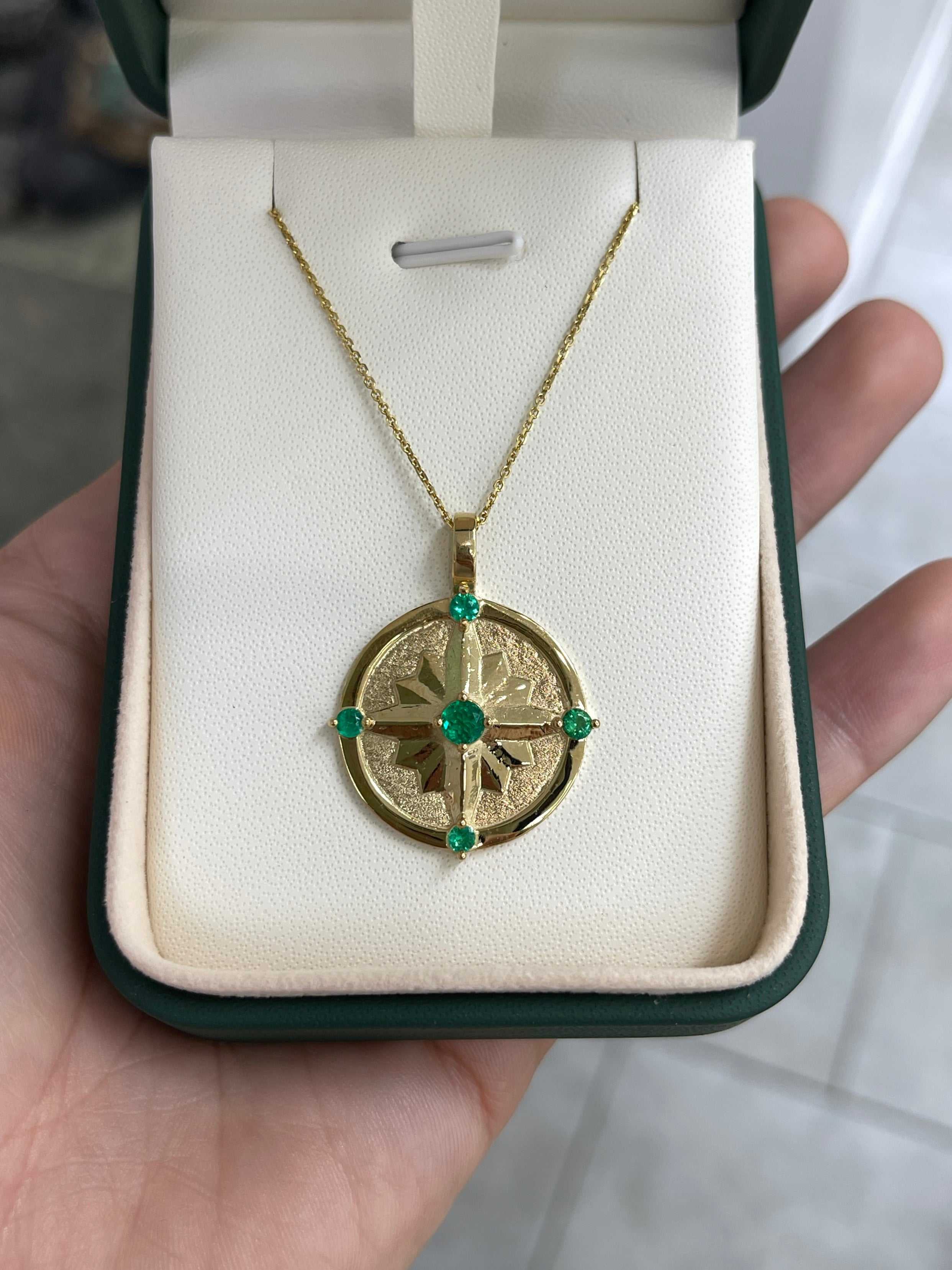 AAA+ Emerald Gold Compass Medallion Necklace 14K - JR Colombian Emeralds