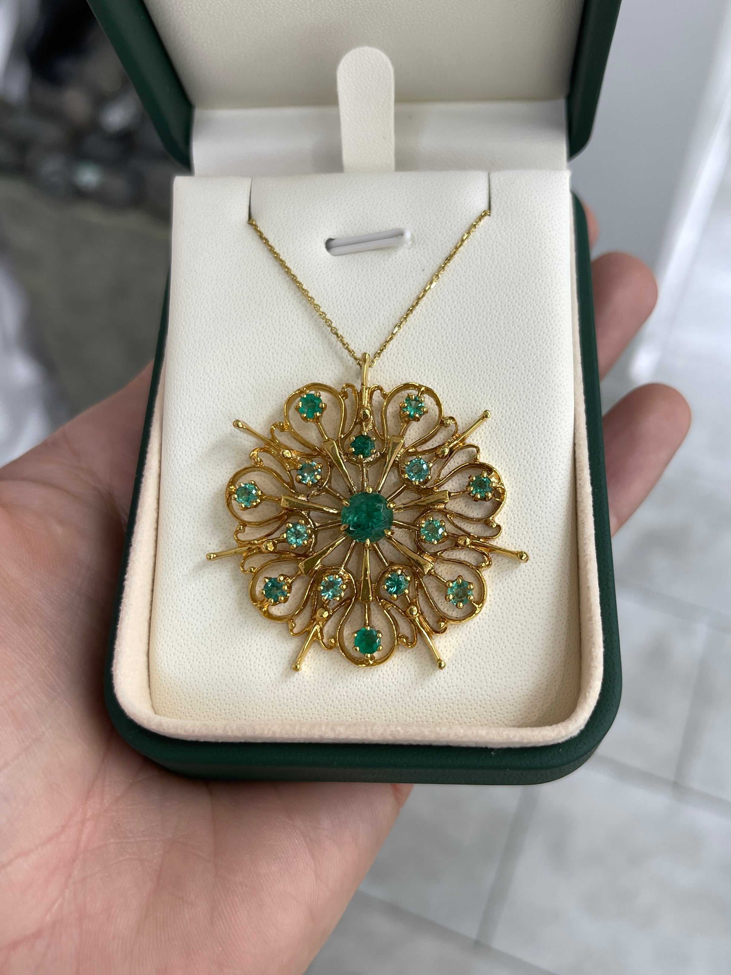 2.91tcw Vintage Emerald Starburst Medallion Necklace 14K 1.80 Inches x 1.80 Inches - JR Colombian Emeralds