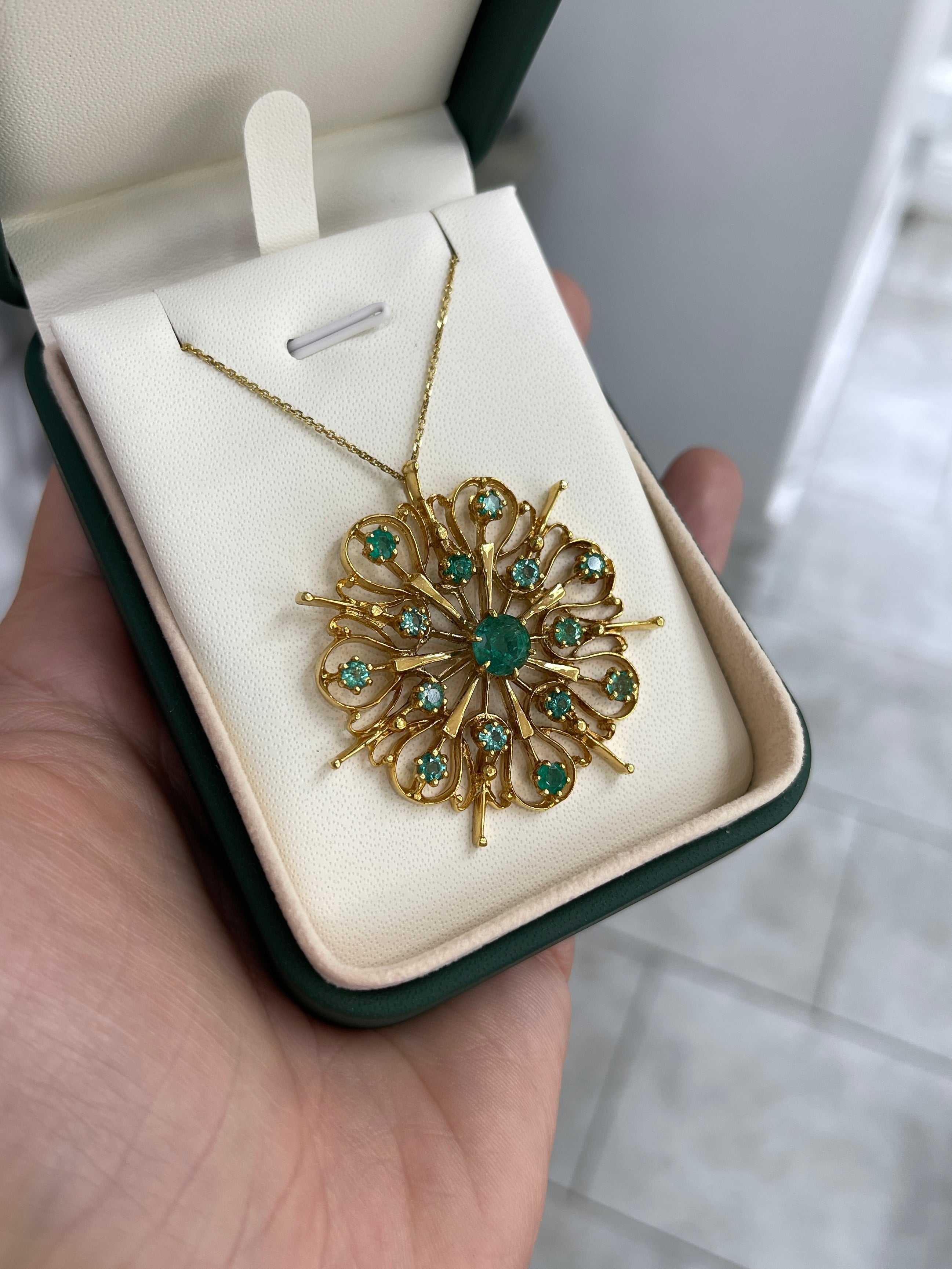 2.91tcw Vintage Emerald Starburst Medallion Necklace 14K 1.80 Inches x 1.80 Inches - JR Colombian Emeralds