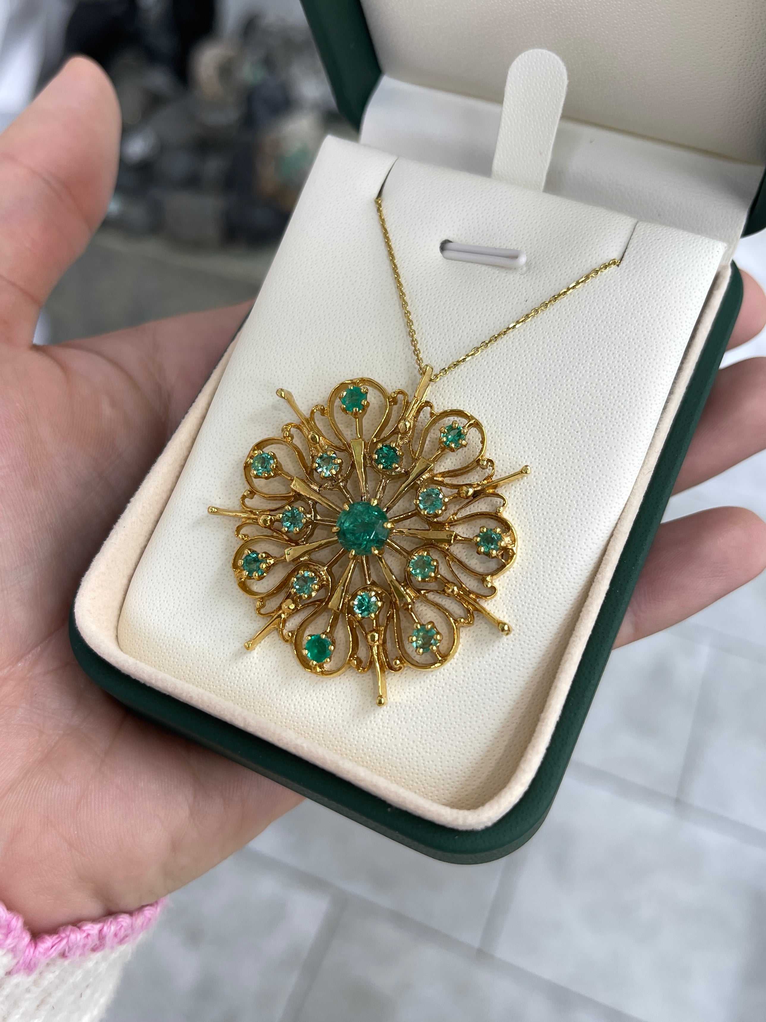 2.91tcw Vintage Emerald Starburst Medallion Necklace 14K 1.80 Inches x 1.80 Inches - JR Colombian Emeralds