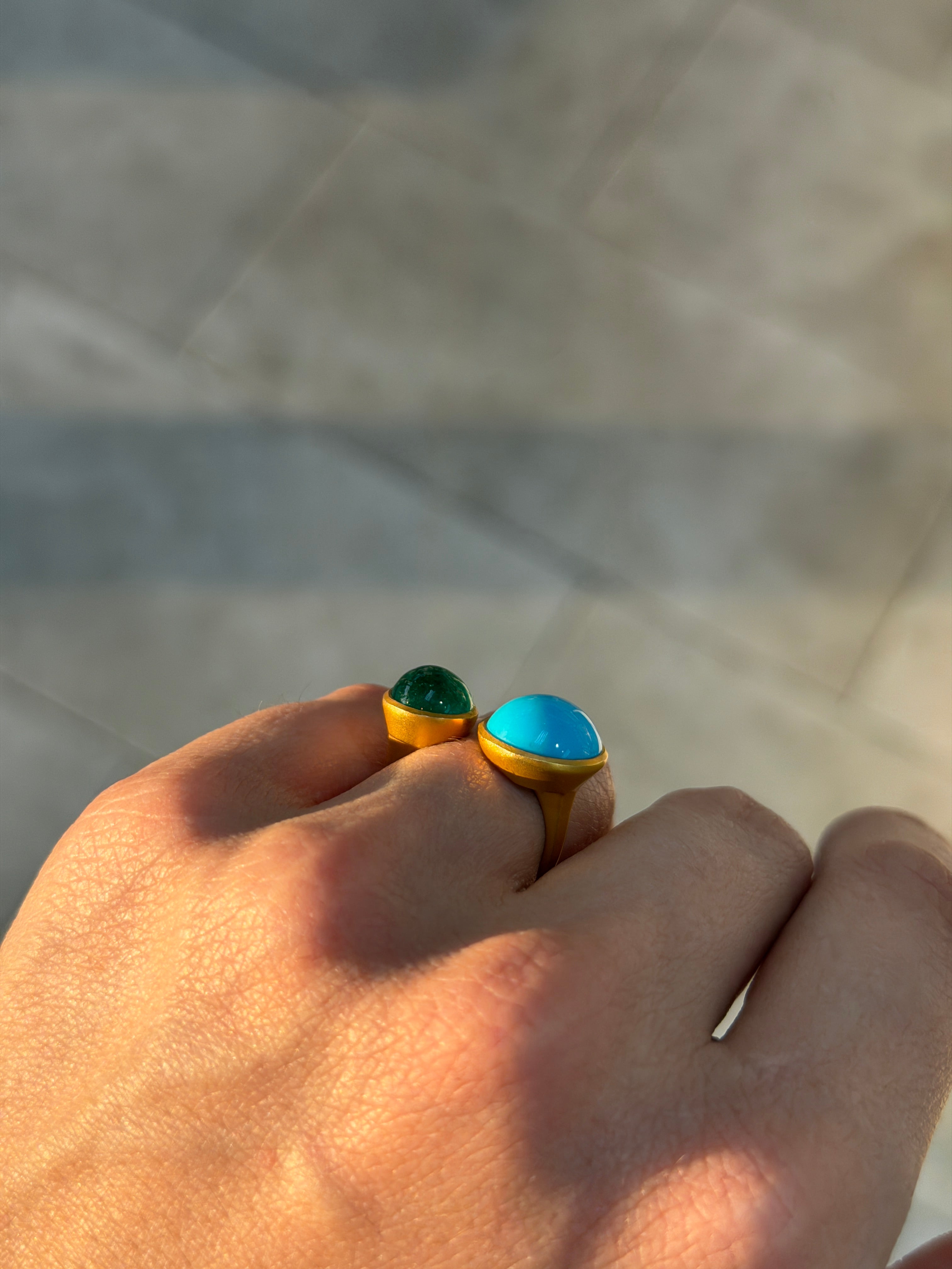 9.24tcw 18K Natural Round Cabochon Cut Emerald & Round Turquoise Toi Et Moi Sand Blast Ring