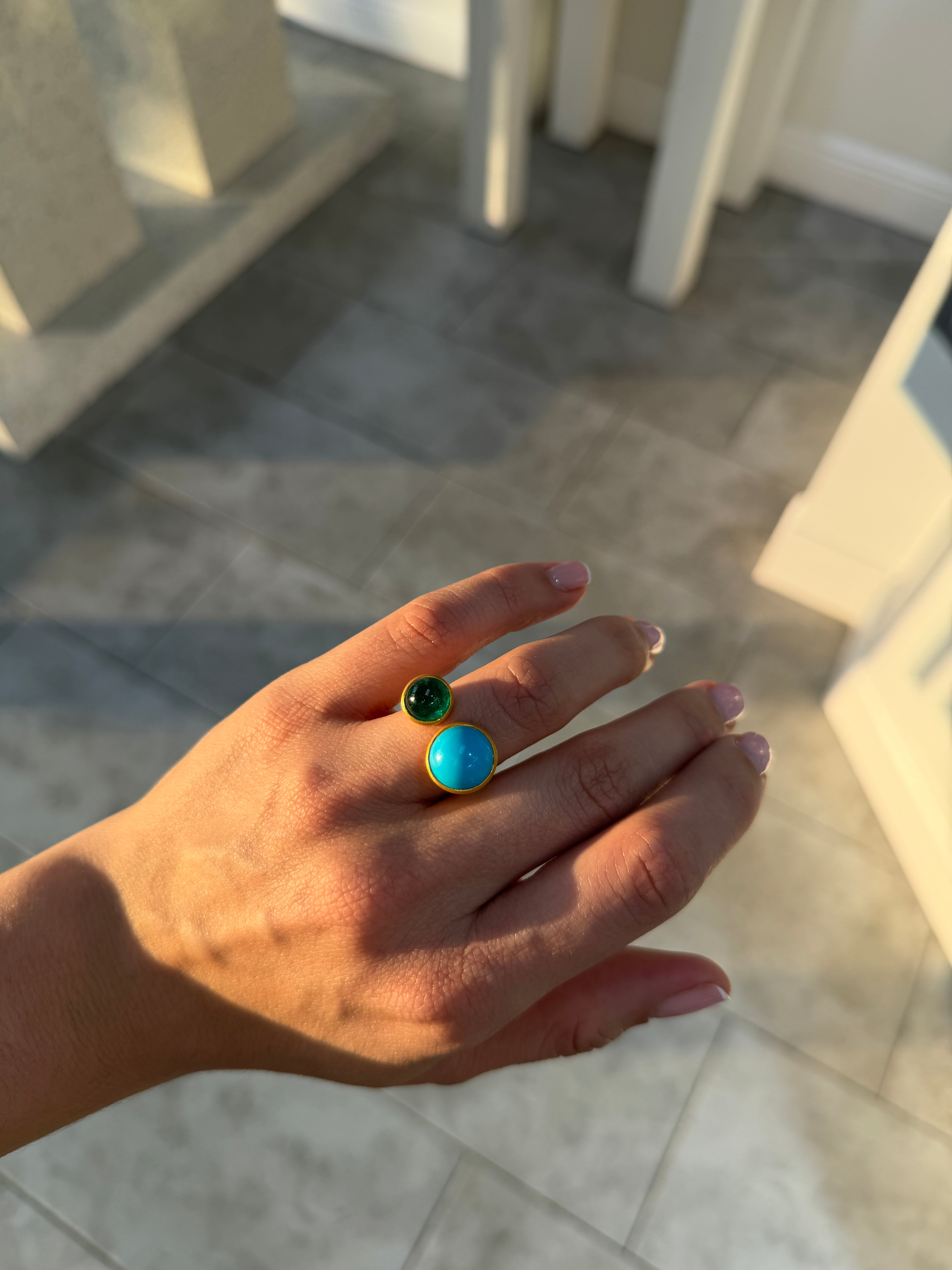 9.24tcw 18K Natural Round Cabochon Cut Emerald & Round Turquoise Toi Et Moi Sand Blast Ring