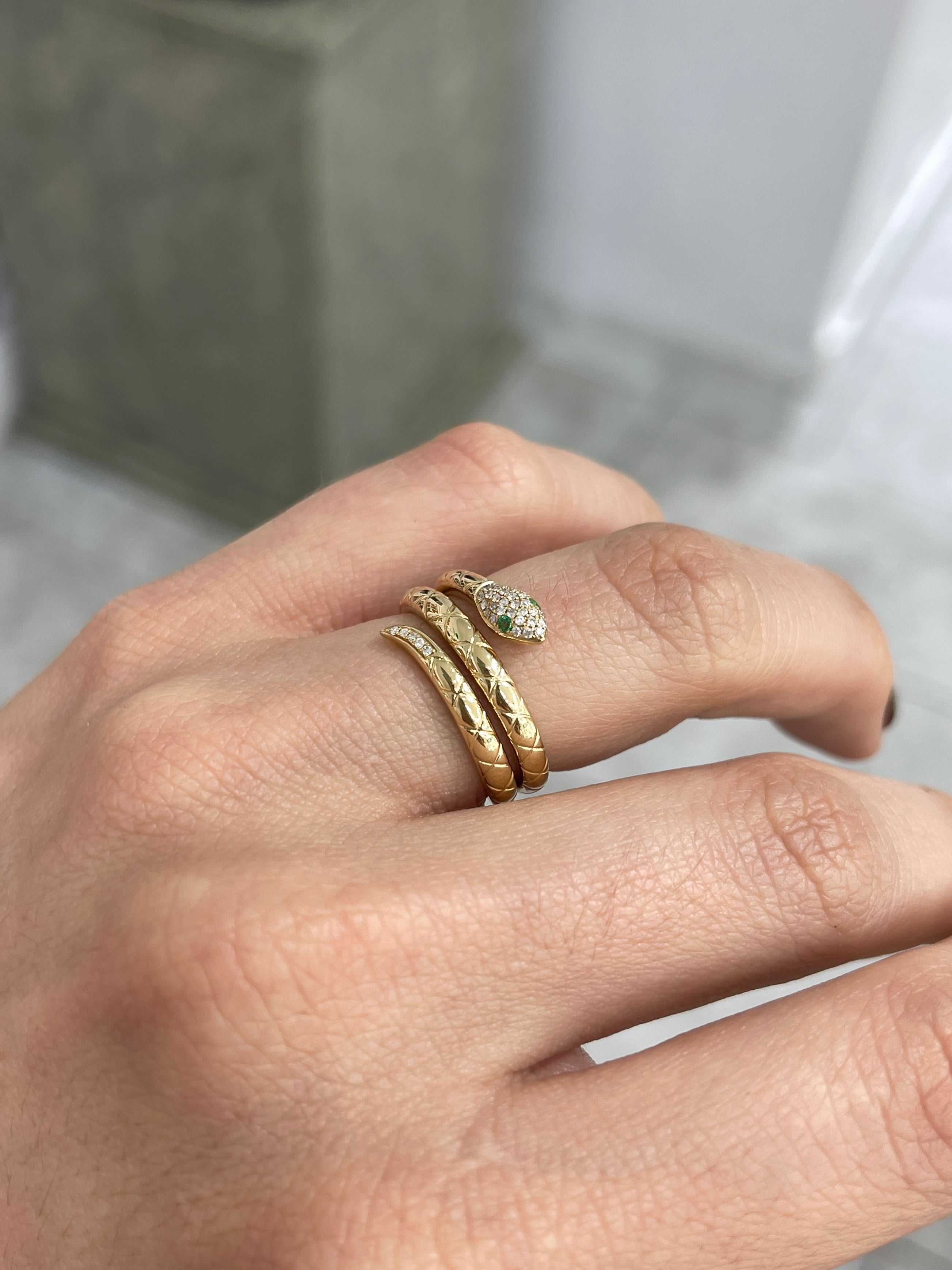 Emerald & Diamond Snake Ring 14K Gold - JR Colombian Emeralds