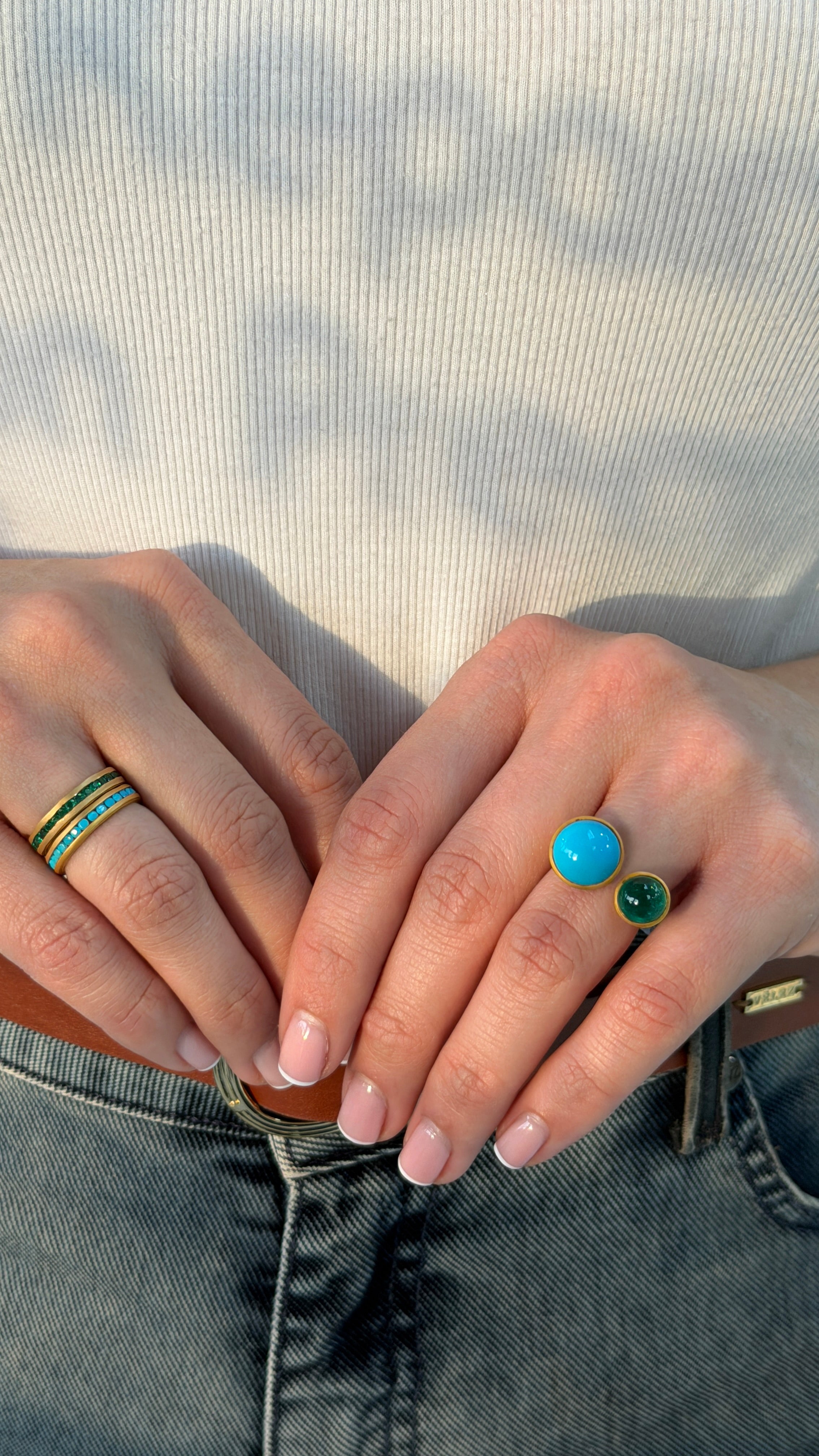 9.24tcw 18K Natural Round Cabochon Cut Emerald & Round Turquoise Toi Et Moi Sand Blast Ring