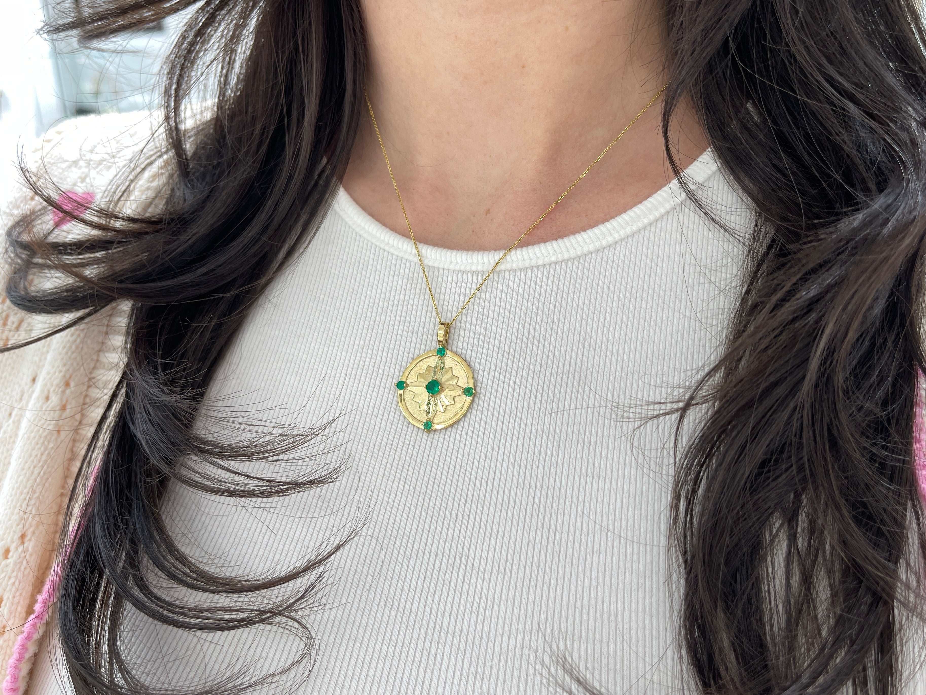 AAA+ Emerald Gold Compass Medallion Necklace 14K - JR Colombian Emeralds