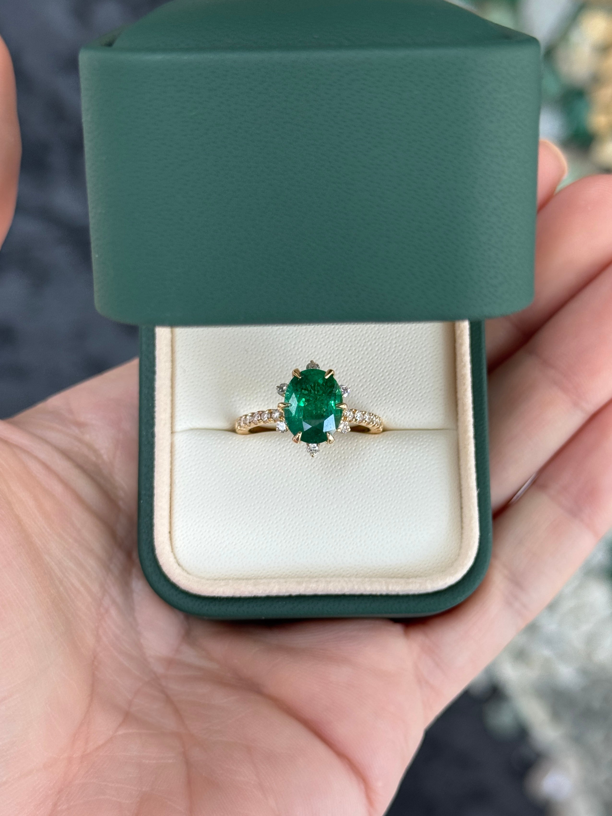 3.43tcw 14K Vivid Green Oval Emerald & Floral Diamond Halo with Diamond Accent Shank Engagement Right