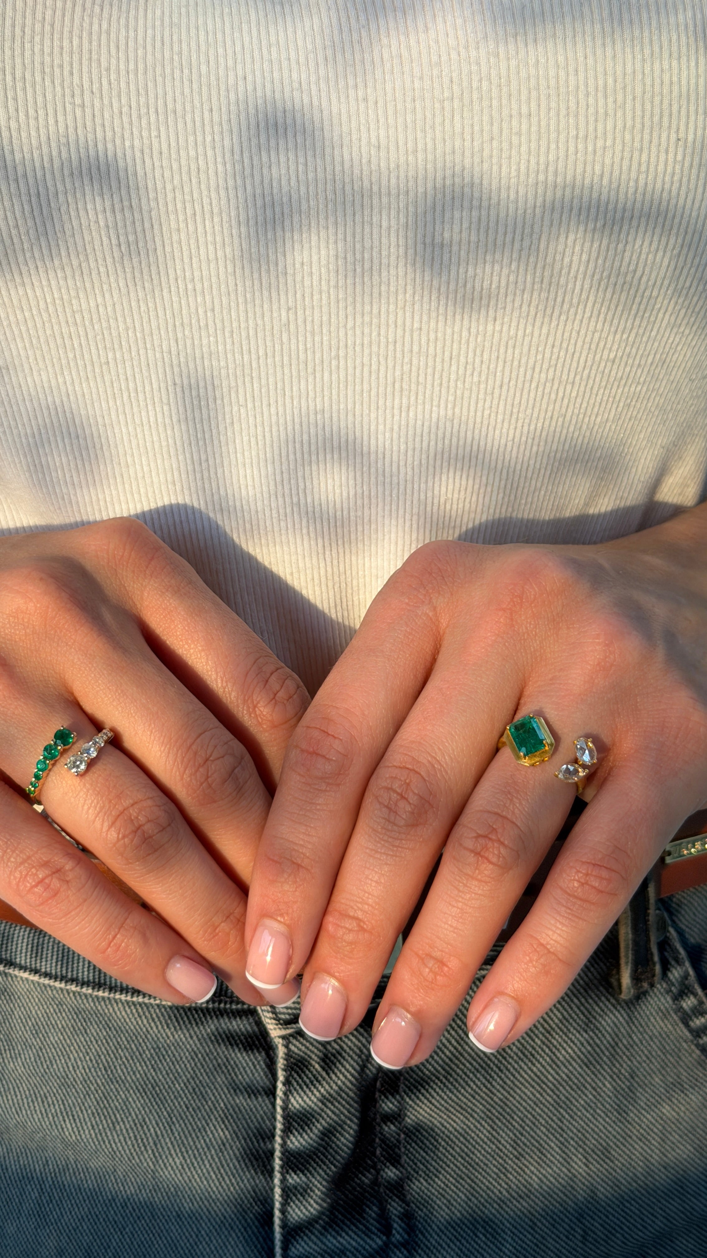 9.24tcw 18K Natural Round Cabochon Cut Emerald & Round Turquoise Toi Et Moi Sand Blast Ring