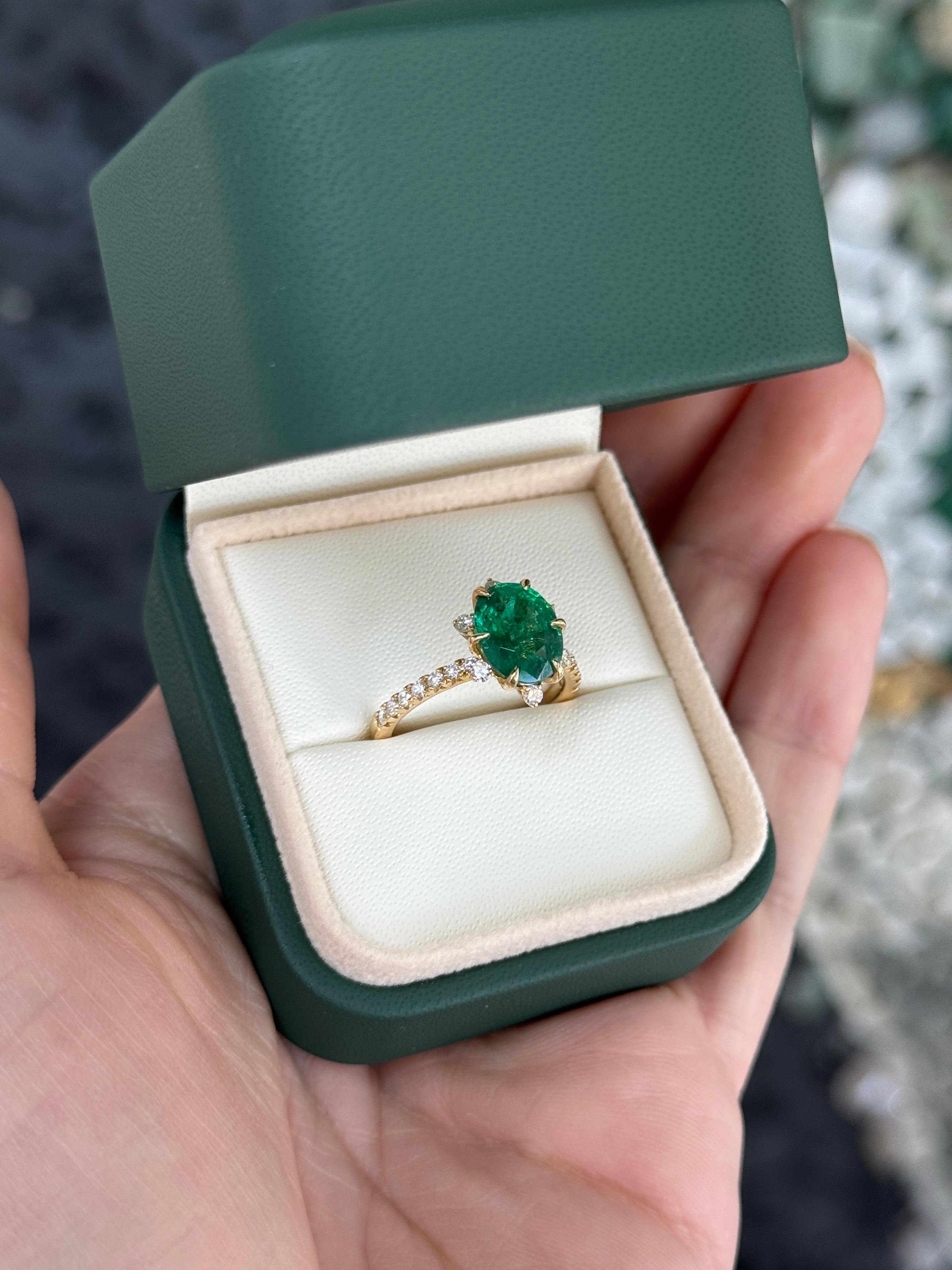 3.43tcw 14K Vivid Green Oval Emerald & Floral Diamond Halo with Diamond Accent Shank Engagement Right