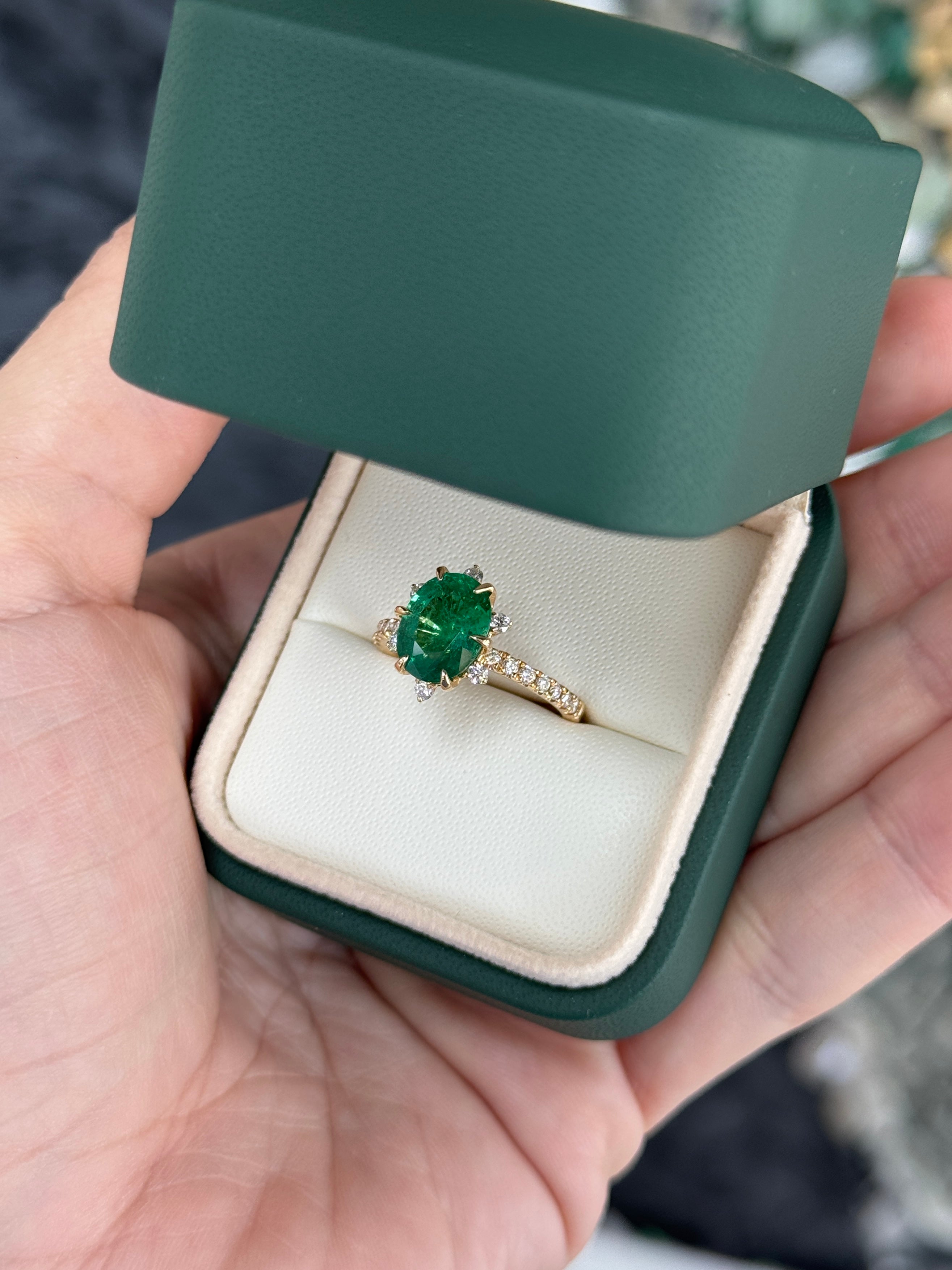 3.43tcw 14K Vivid Green Oval Emerald & Floral Diamond Halo with Diamond Accent Shank Engagement Right