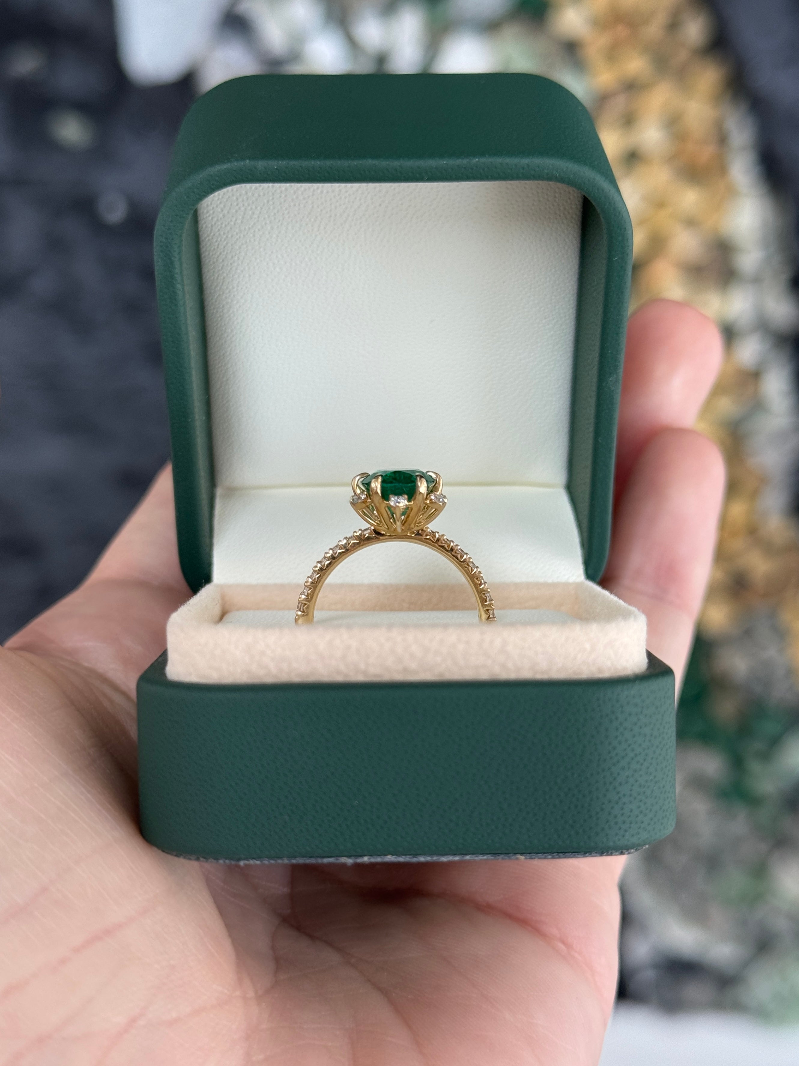 3.43tcw 14K Vivid Green Oval Emerald & Floral Diamond Halo with Diamond Accent Shank Engagement Right