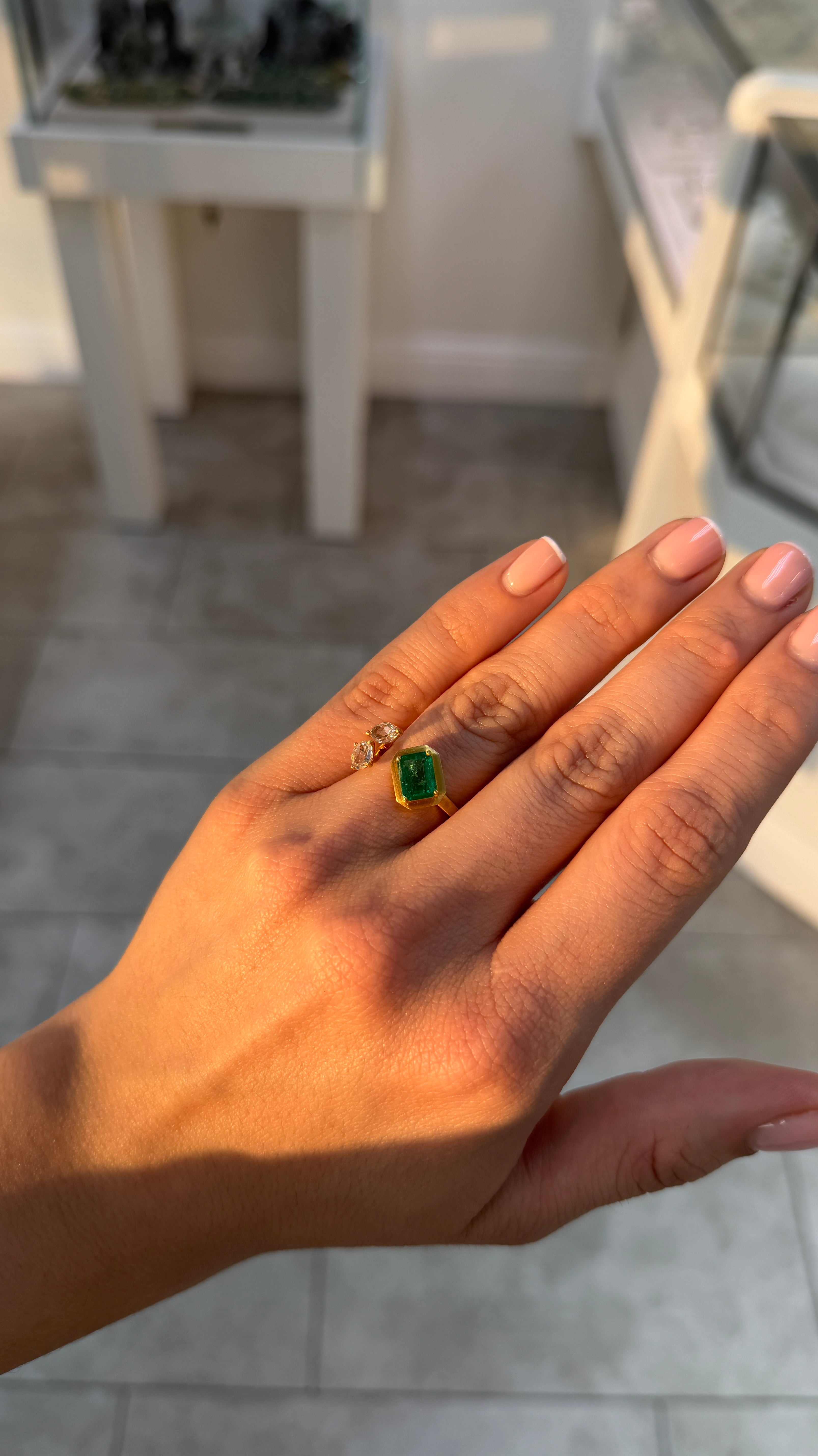 2.46tcw 18K Vivid Green Emerald Cut Emerald & Diamond Accent Three Stone Bypass Sand Blast Gold Finish Ring