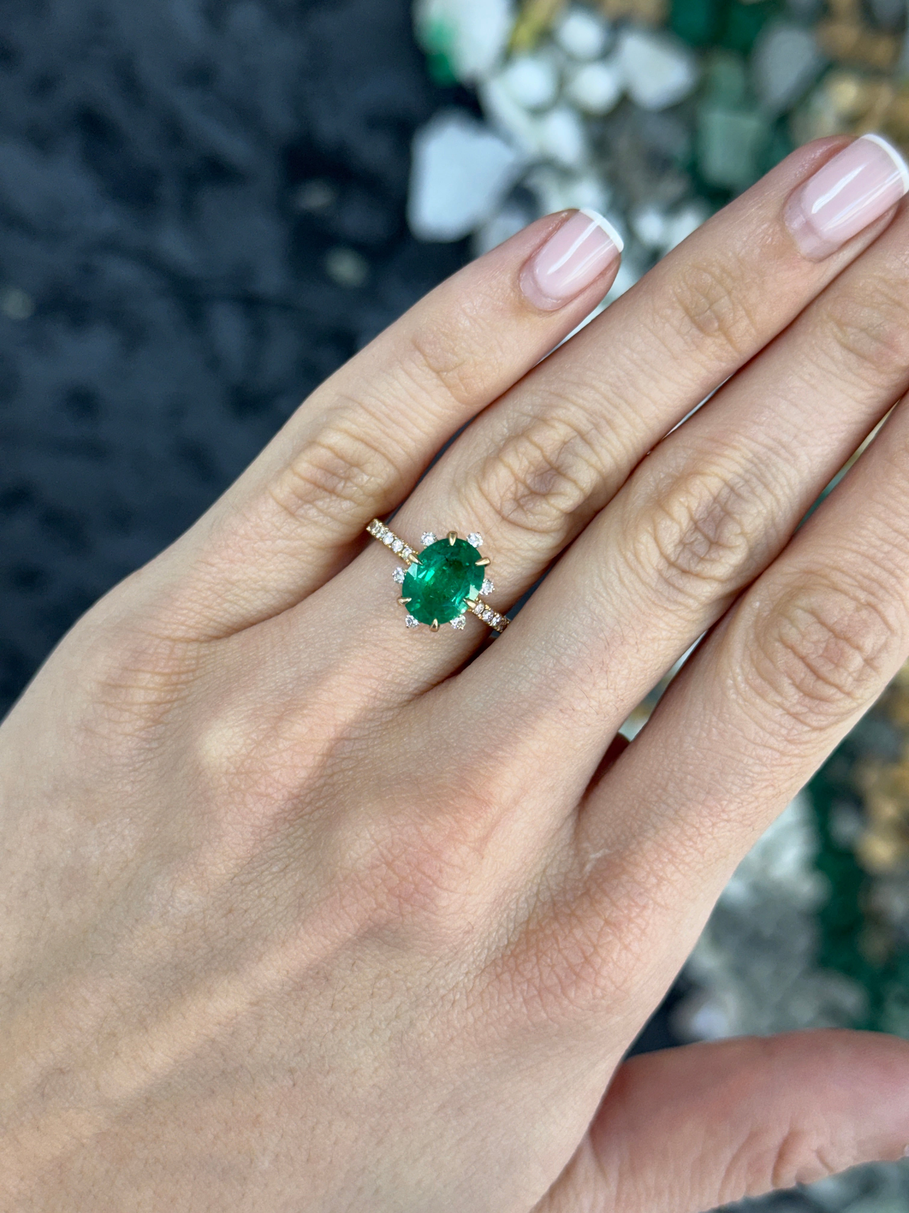 3.43tcw 14K Vivid Green Oval Emerald & Floral Diamond Halo with Diamond Accent Shank Engagement Right