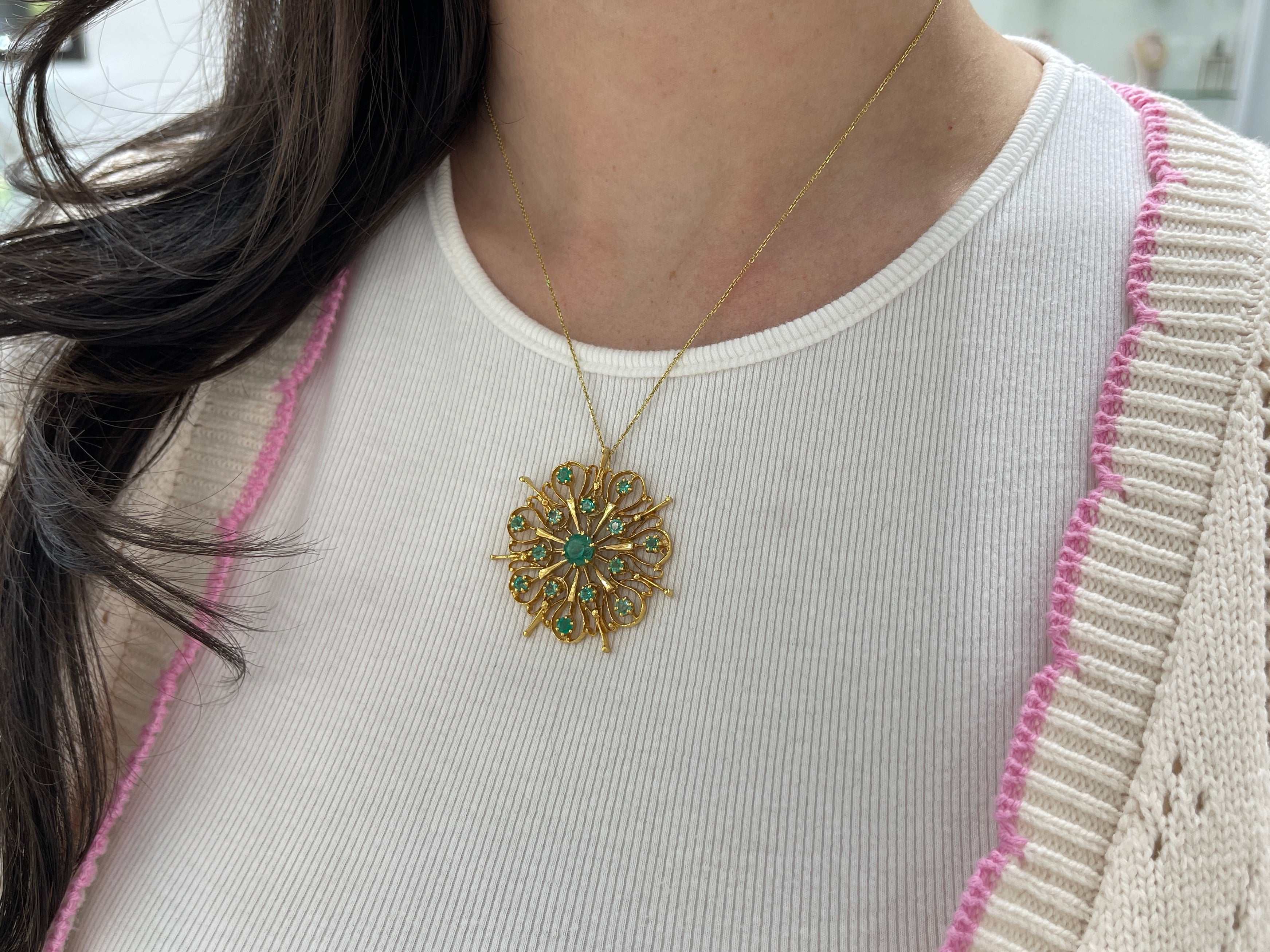 2.91tcw Vintage Emerald Starburst Medallion Necklace 14K 1.80 Inches x 1.80 Inches - JR Colombian Emeralds