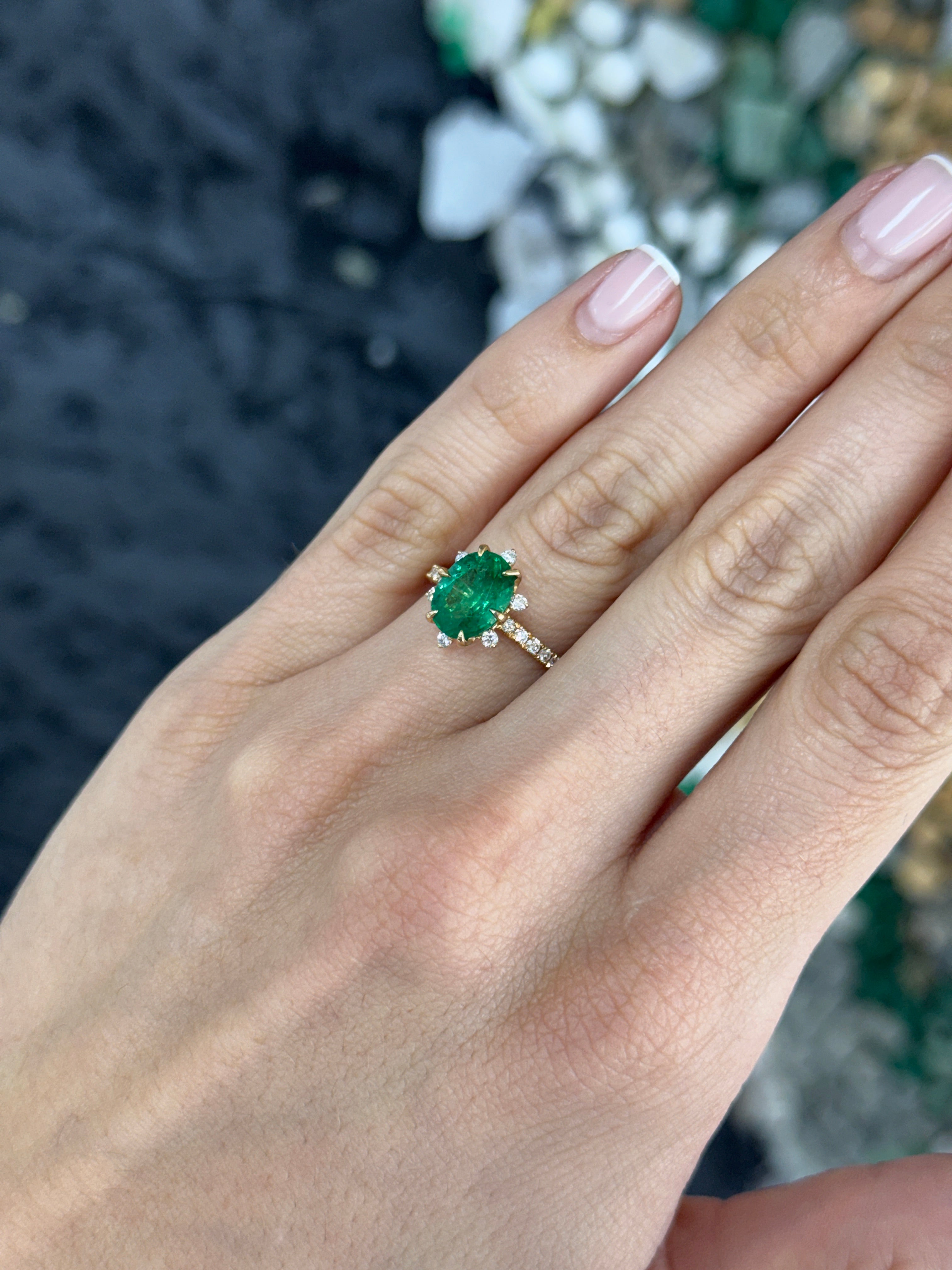 3.43tcw 14K Vivid Green Oval Emerald & Floral Diamond Halo with Diamond Accent Shank Engagement Right