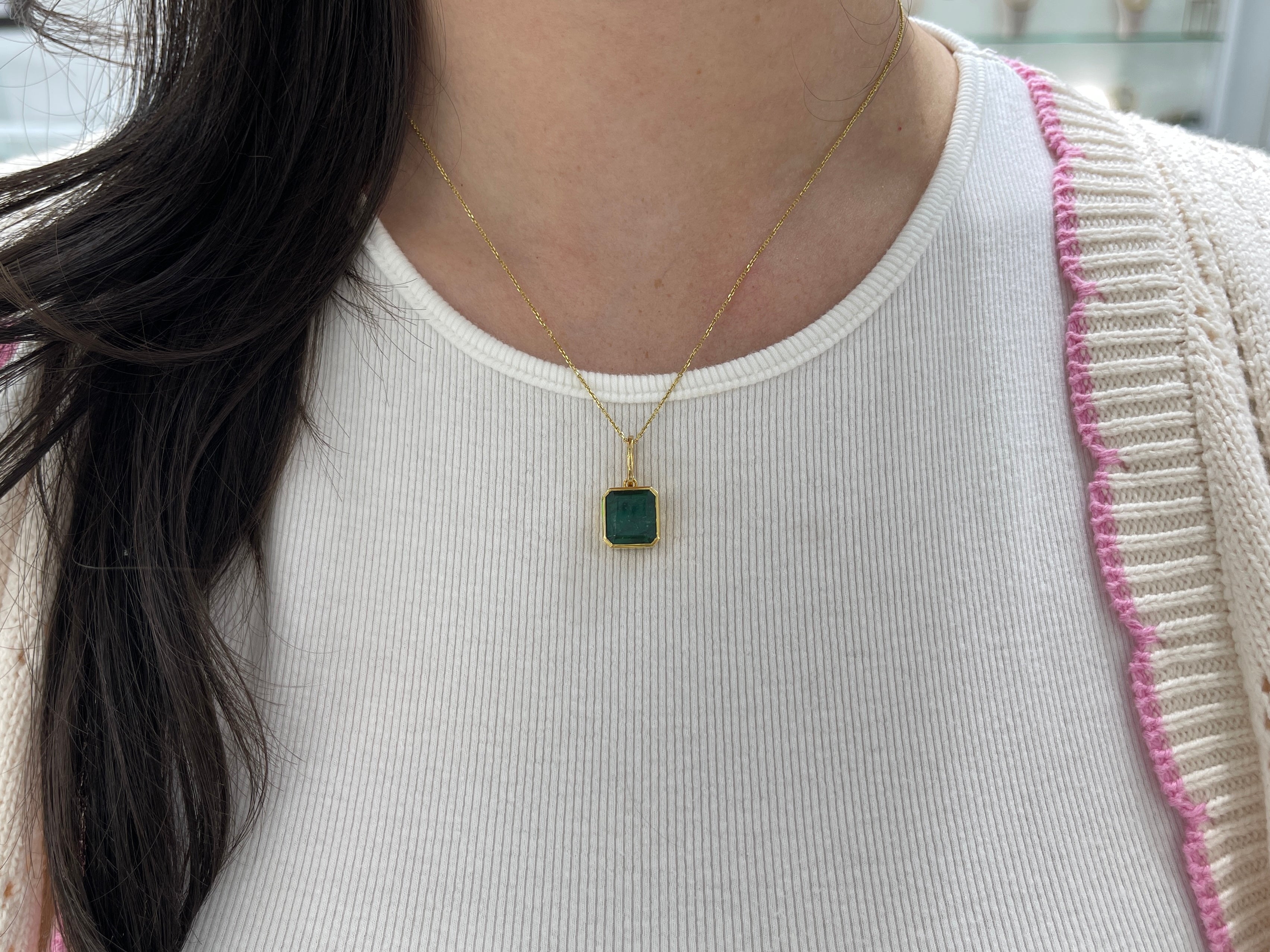 7.79 Carat Dark Green Bezel Set Zambian Emerald Necklace 14K Gold