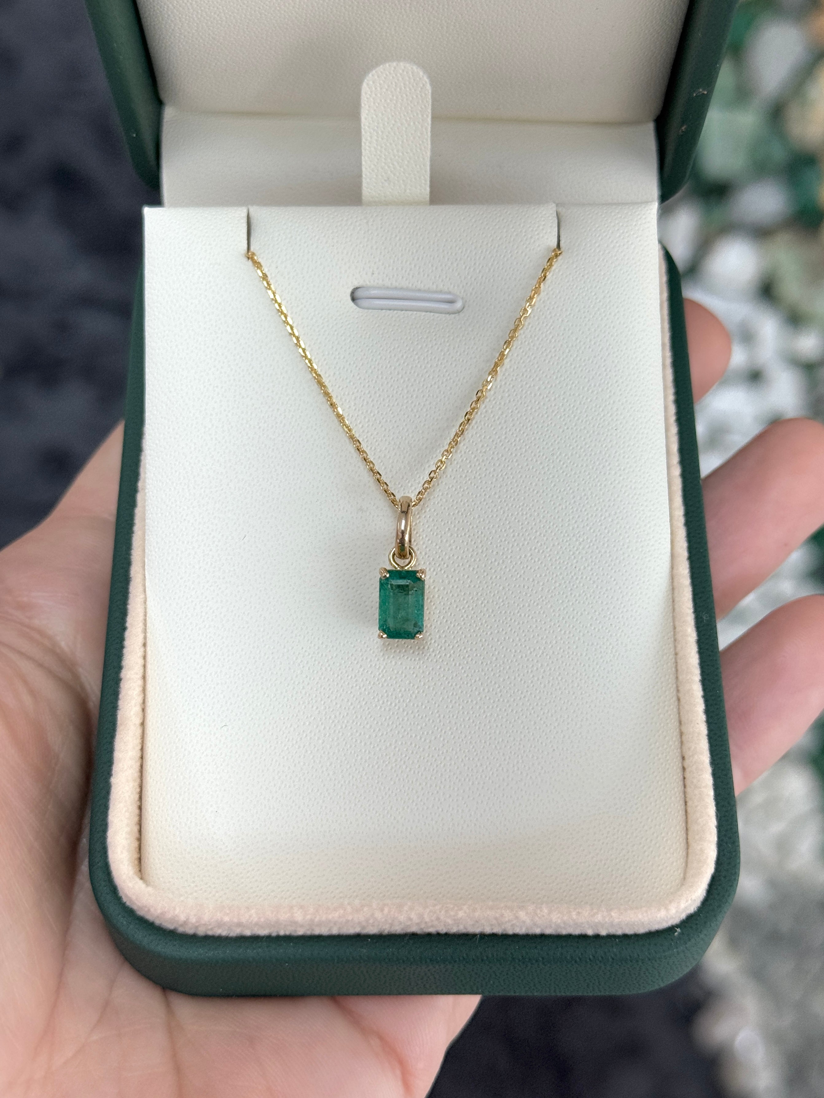 1.10ct 14K Solitaire Emerald Cut Emerald Pendant with Floral Basket