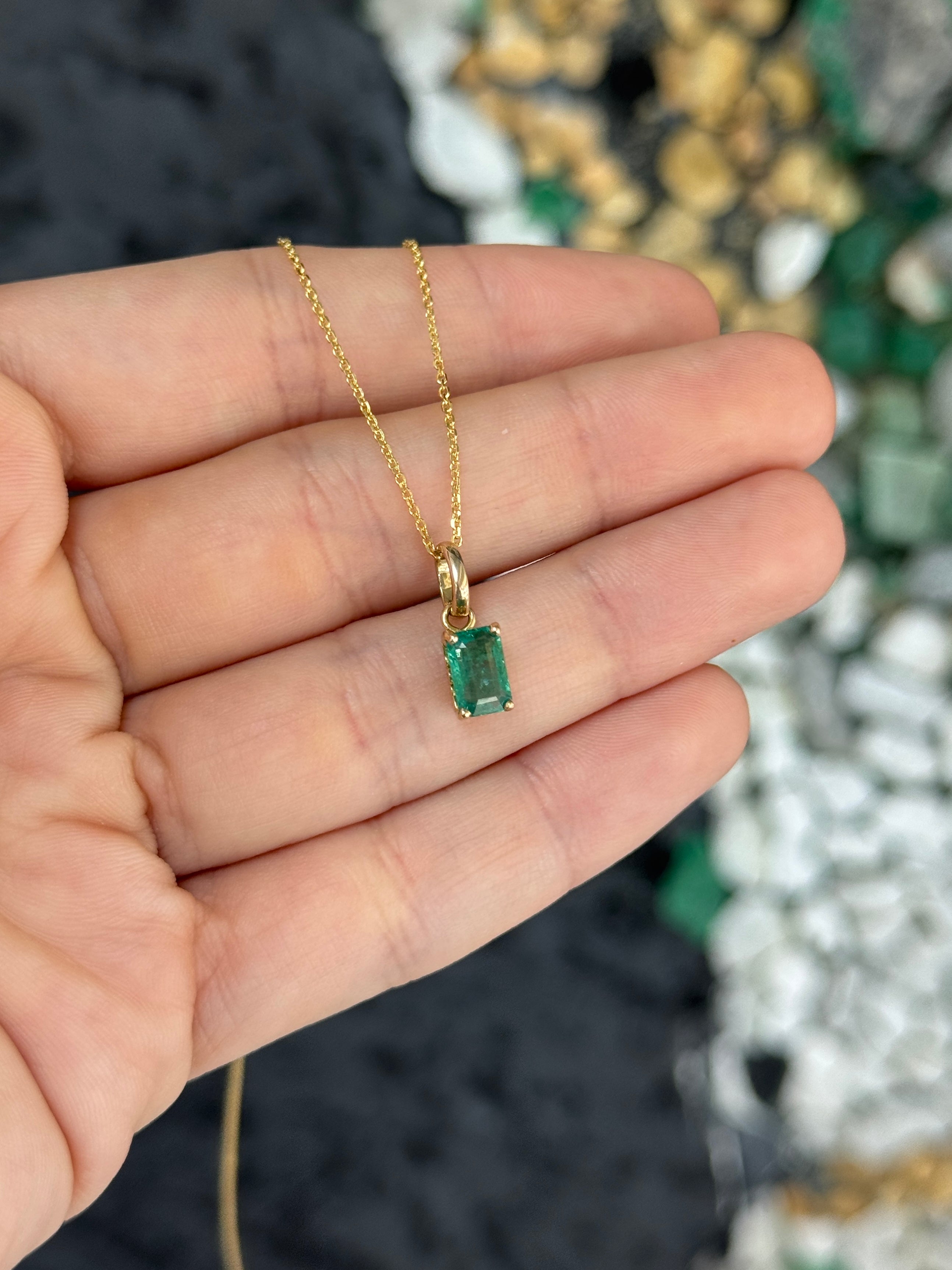 1.10ct 14K Solitaire Emerald Cut Emerald Pendant with Floral Basket