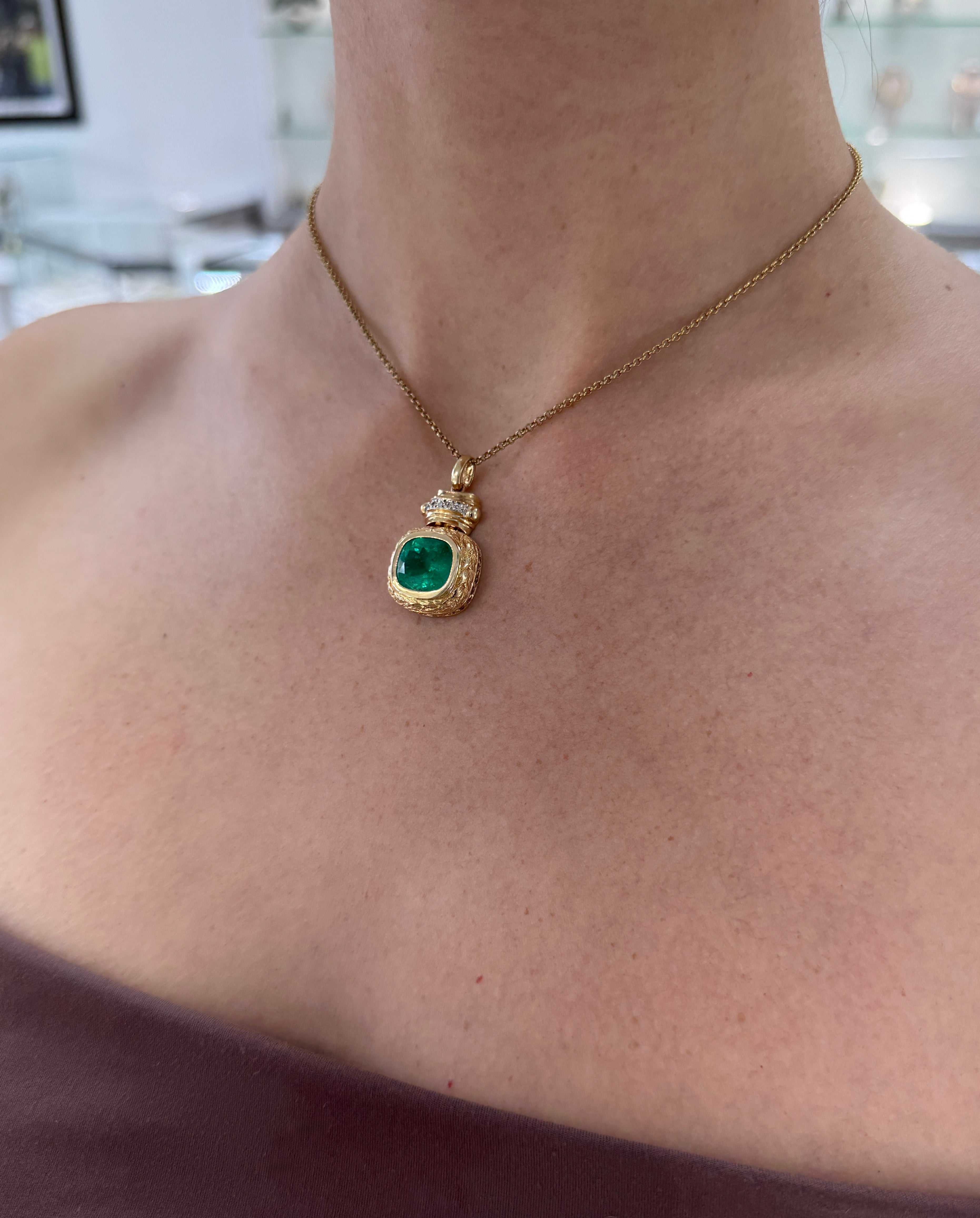 7.37tcw Vintage Natural Cushion Cut Colombian Emerald & Diamond Statement Pendant