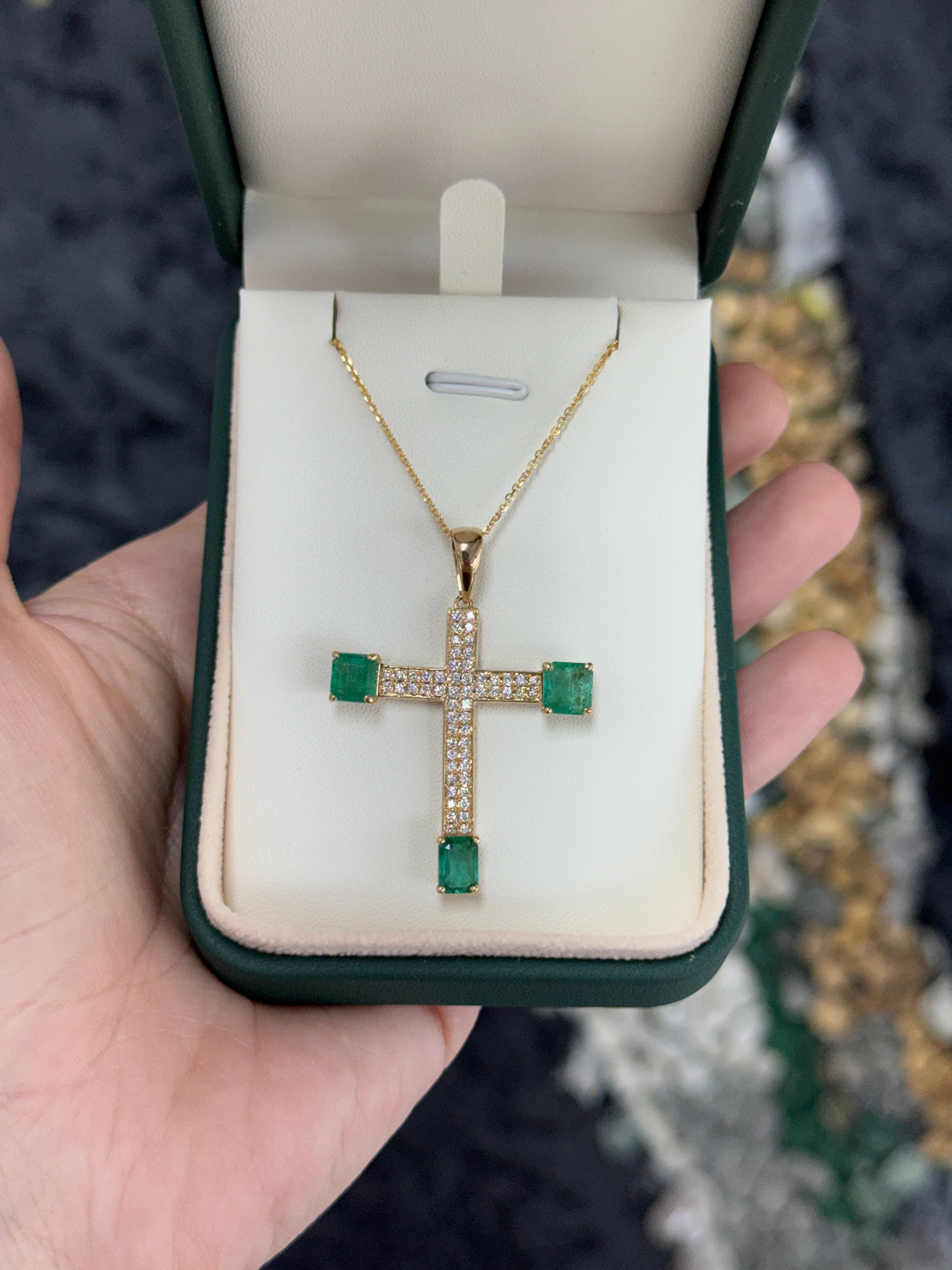 4.01tcw 14K Natural Emerald & Diamond Pave Cross Pendant Necklace