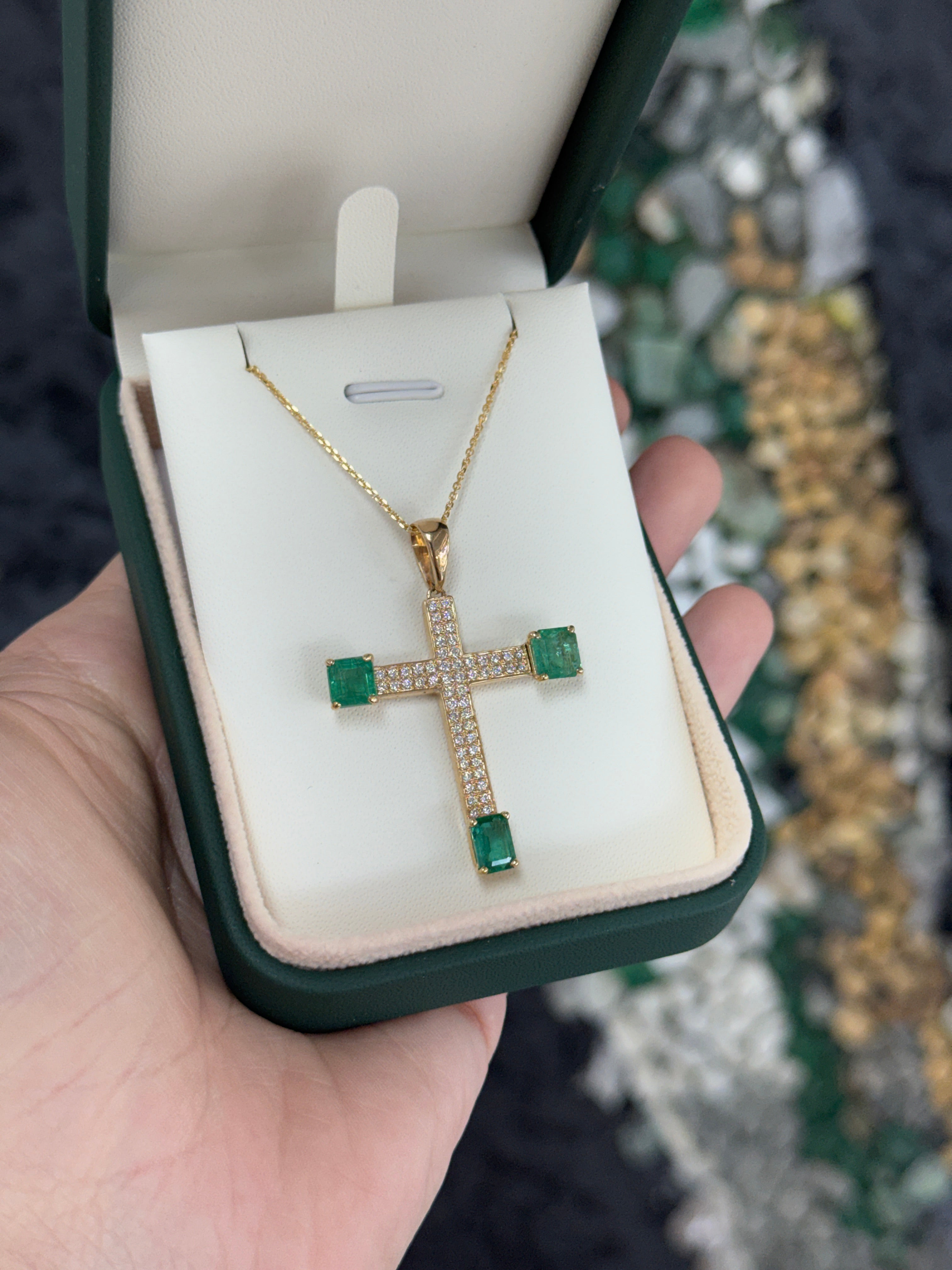 4.01tcw 14K Natural Emerald & Diamond Pave Cross Pendant Necklace