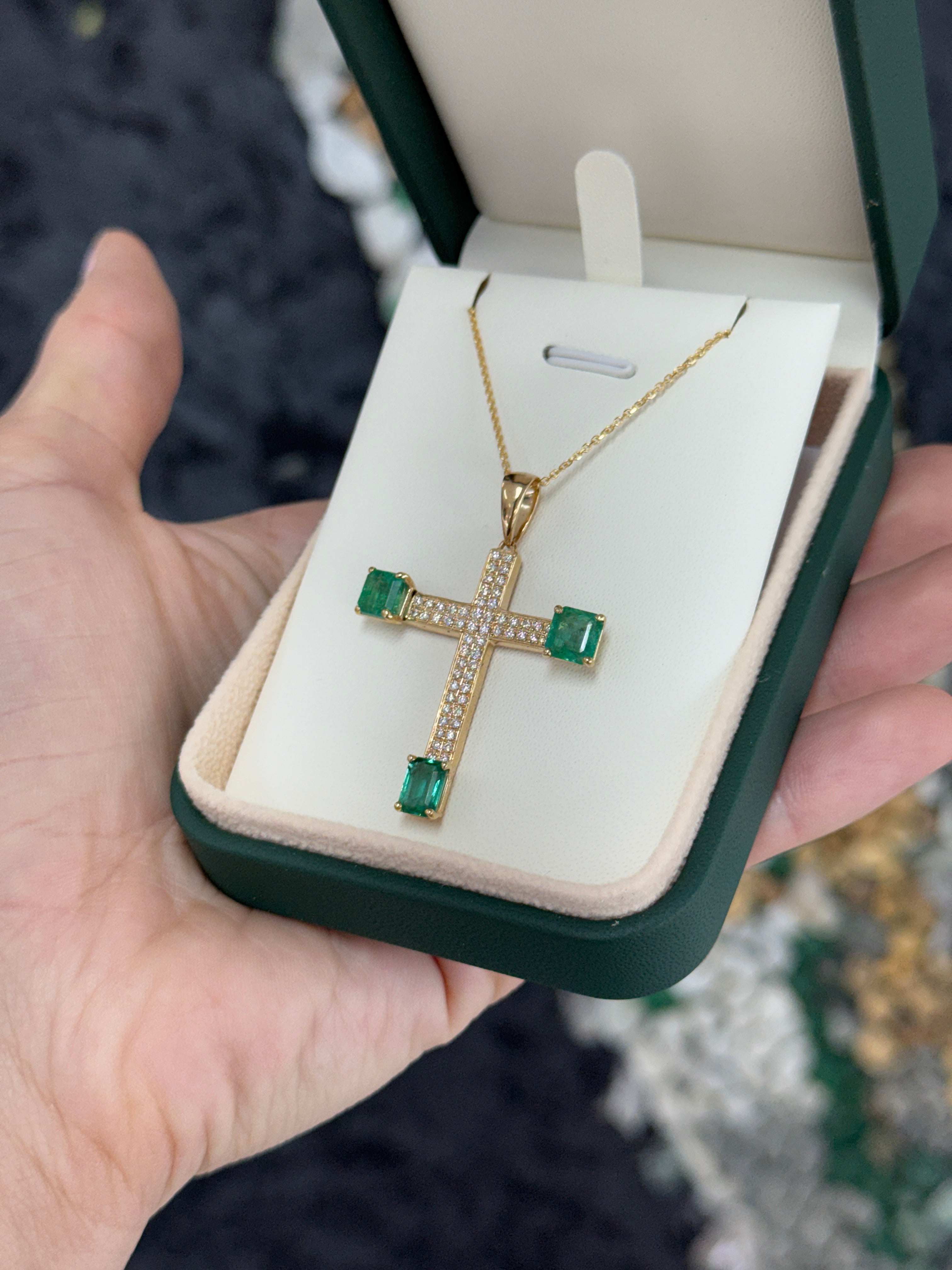 4.01tcw 14K Natural Emerald & Diamond Pave Cross Pendant Necklace
