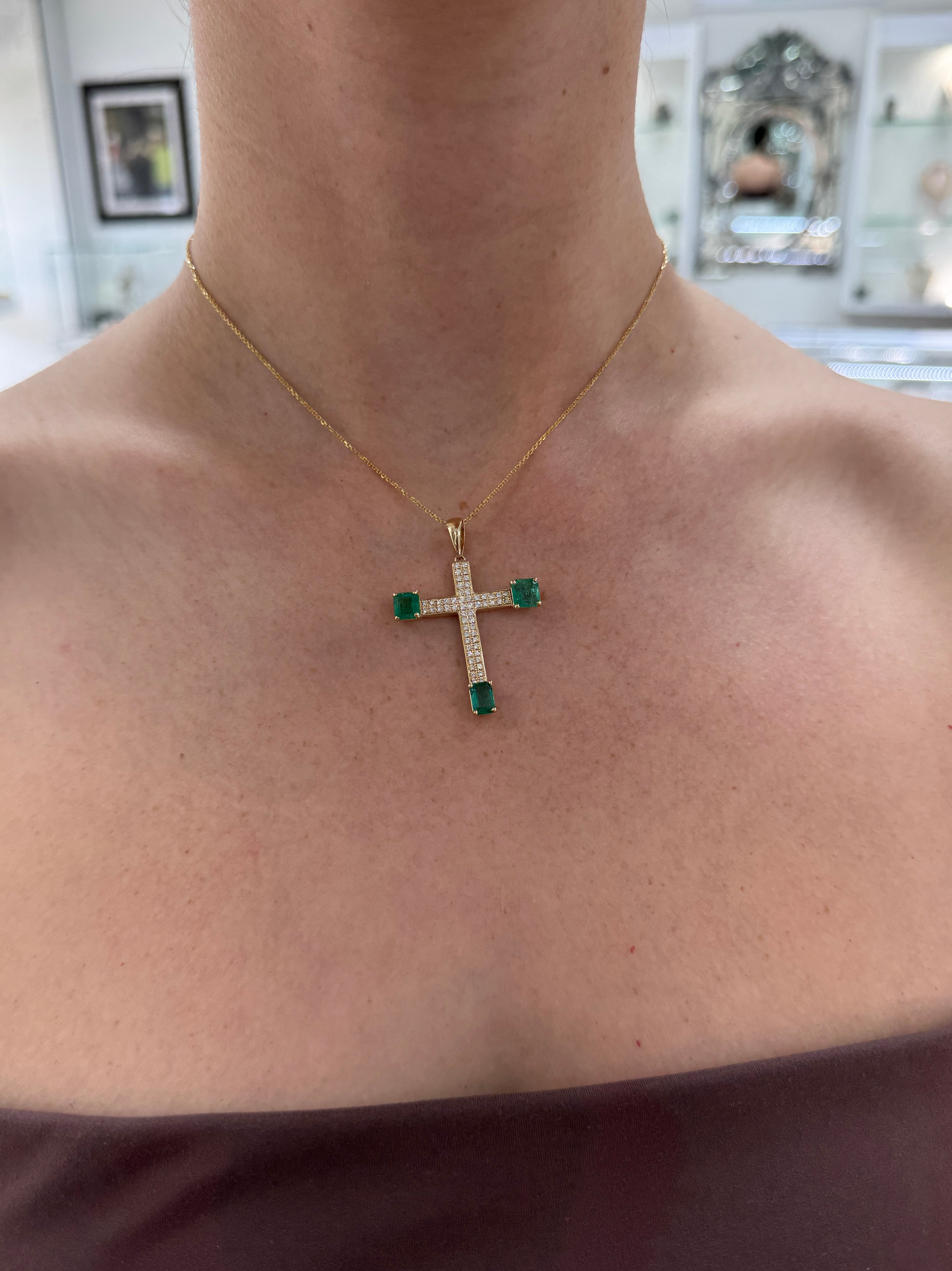 4.01tcw 14K Natural Emerald & Diamond Pave Cross Pendant Necklace