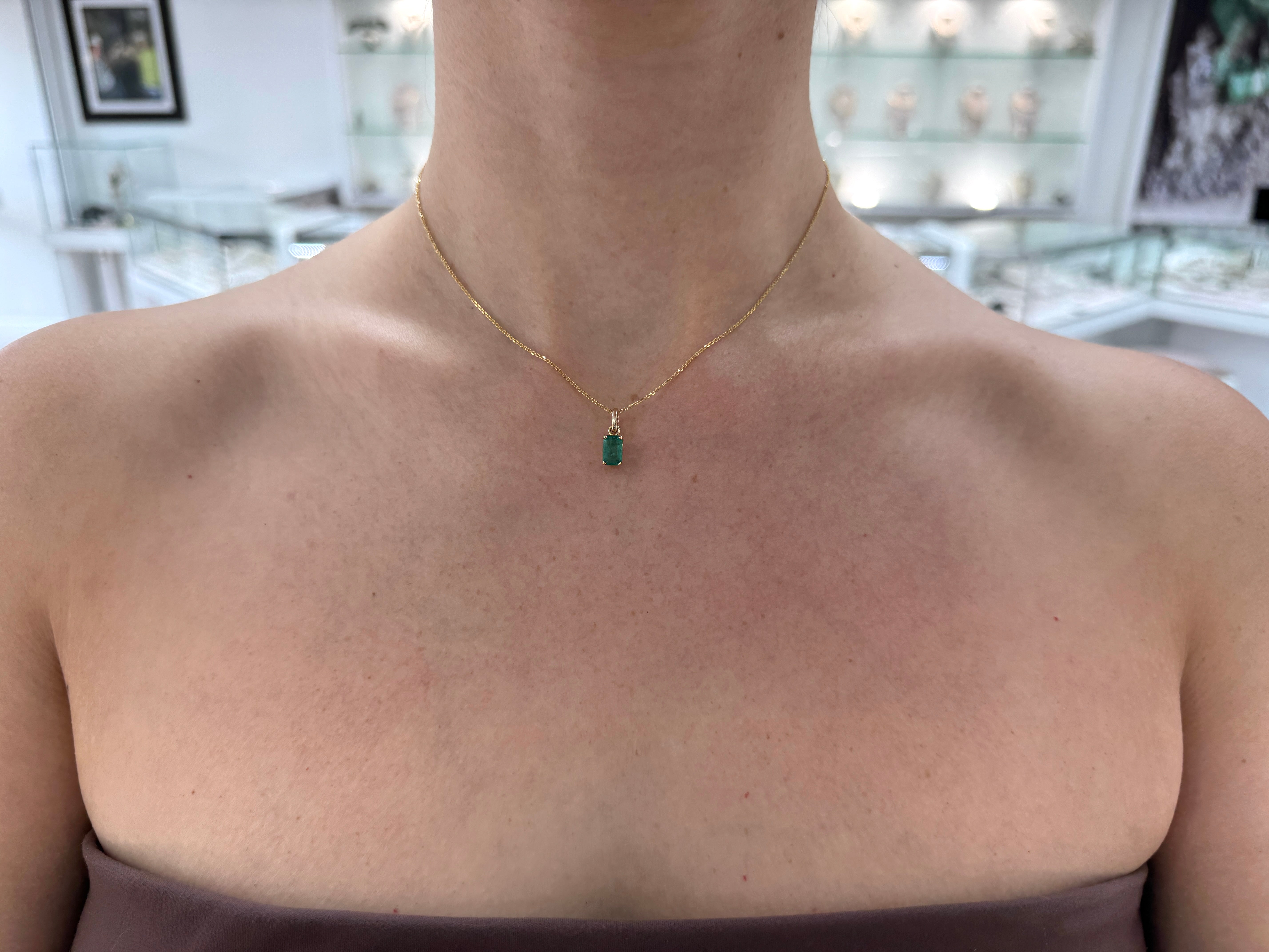 1.10ct 14K Solitaire Emerald Cut Emerald Pendant with Floral Basket