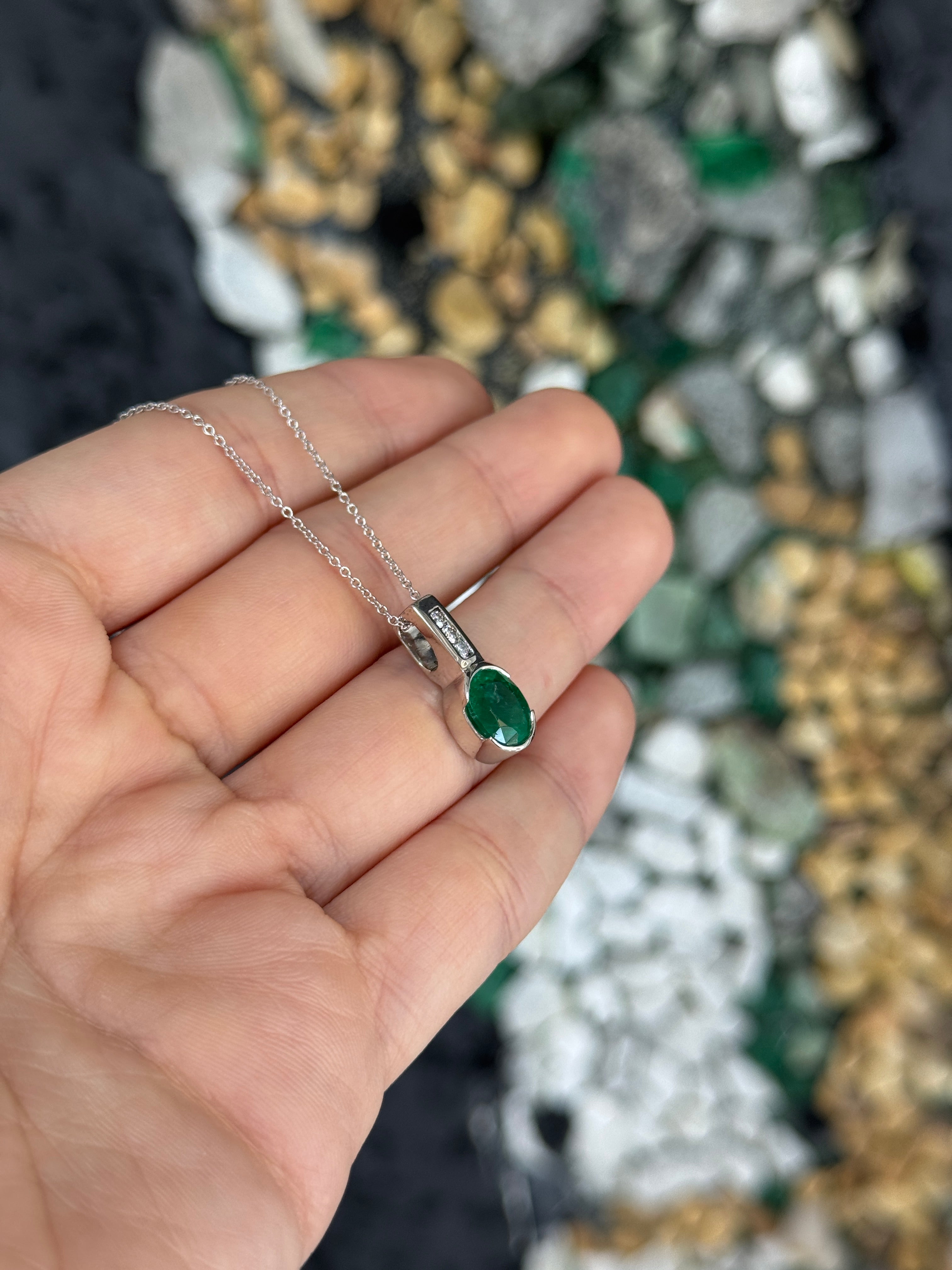 2.25tcw 14K Rich Oval Cut Emerald Half Bezel Set & Diamond Bale Accents