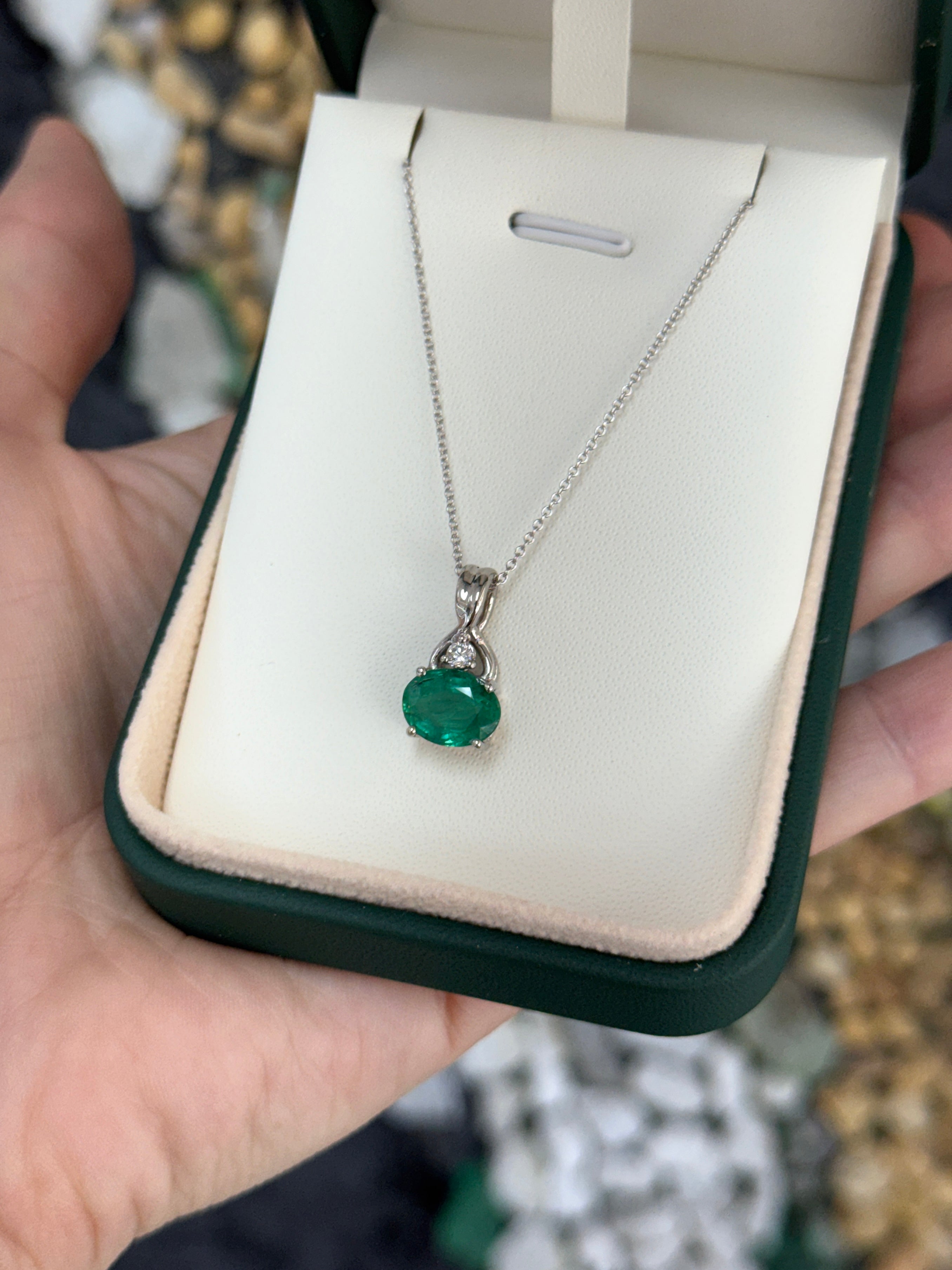 2.44tcw 14K Natural Bluish Green Oval Cut Emerald & Diamond Accent White Gold Pendant Necklace