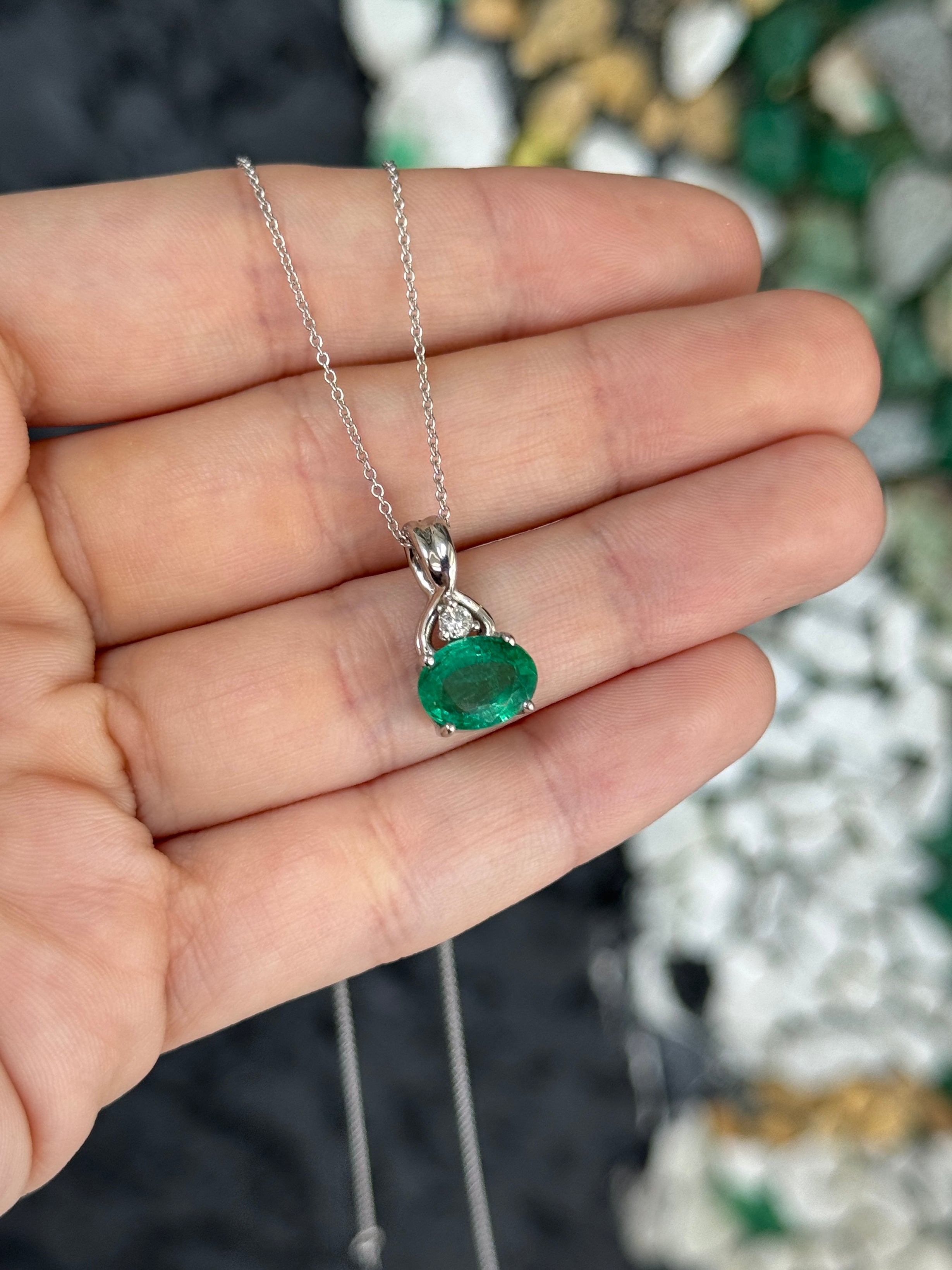 2.44tcw 14K Natural Bluish Green Oval Cut Emerald & Diamond Accent White Gold Pendant Necklace