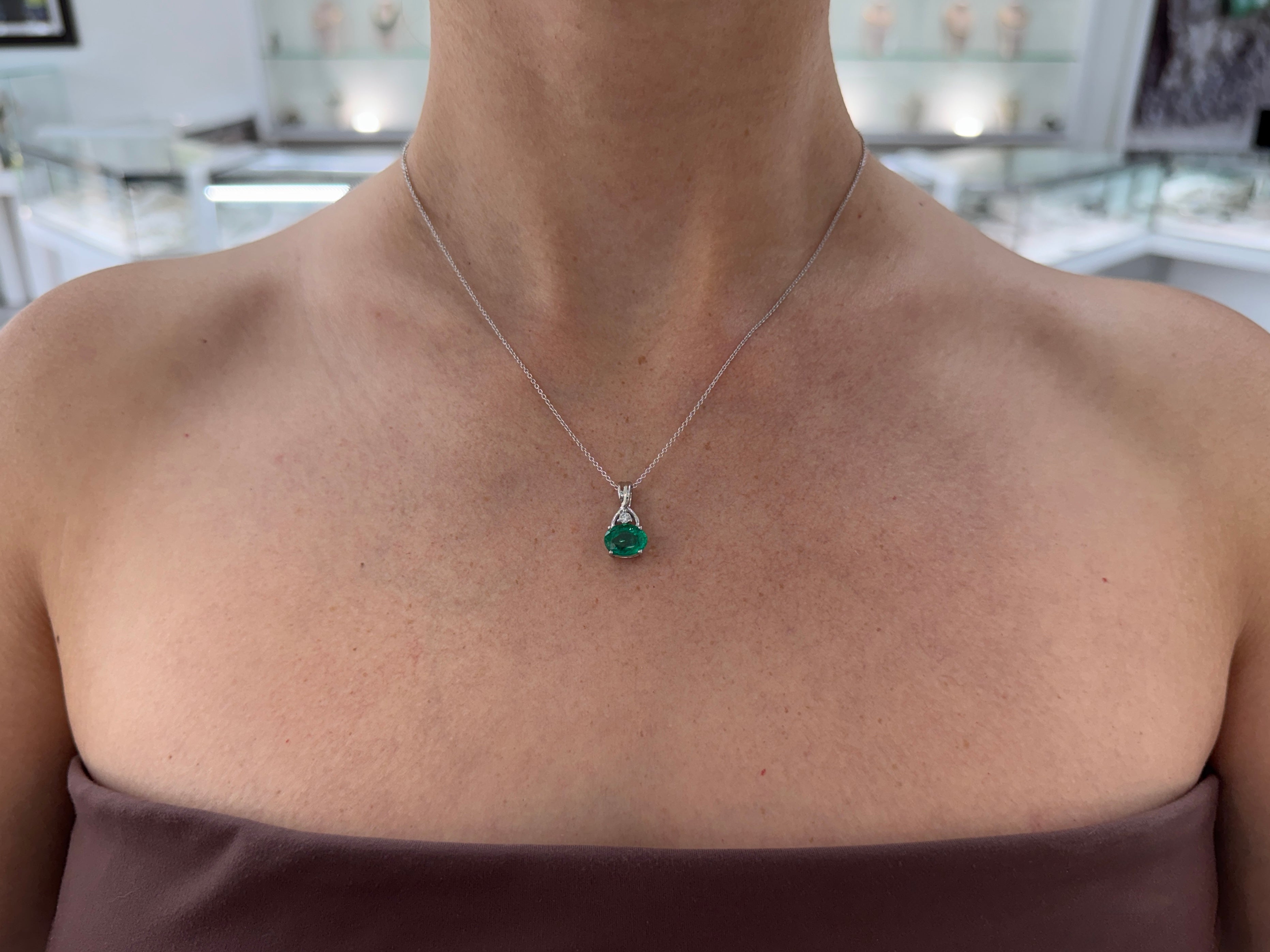 2.44tcw 14K Natural Bluish Green Oval Cut Emerald & Diamond Accent White Gold Pendant Necklace