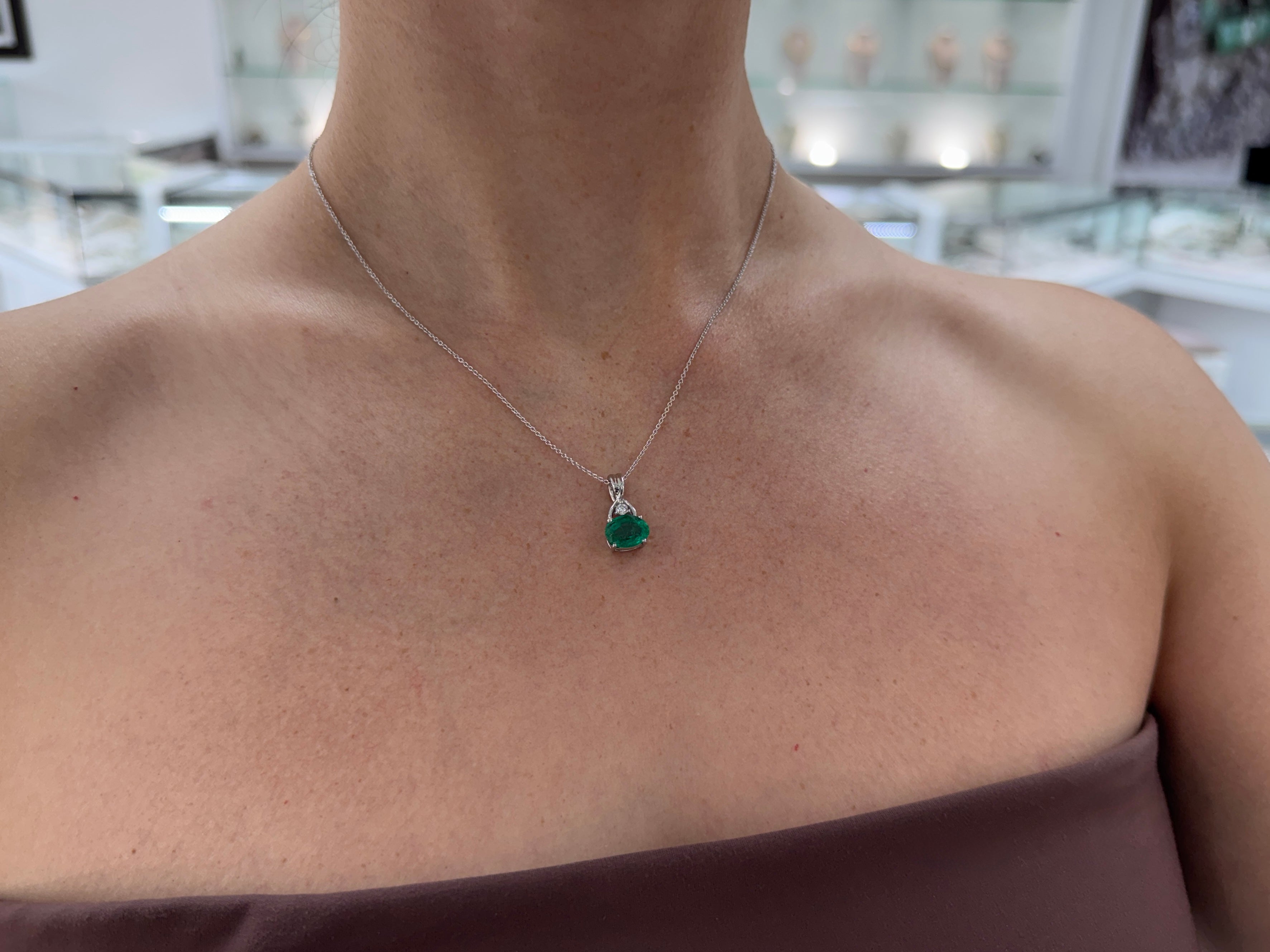 2.44tcw 14K Natural Bluish Green Oval Cut Emerald & Diamond Accent White Gold Pendant Necklace