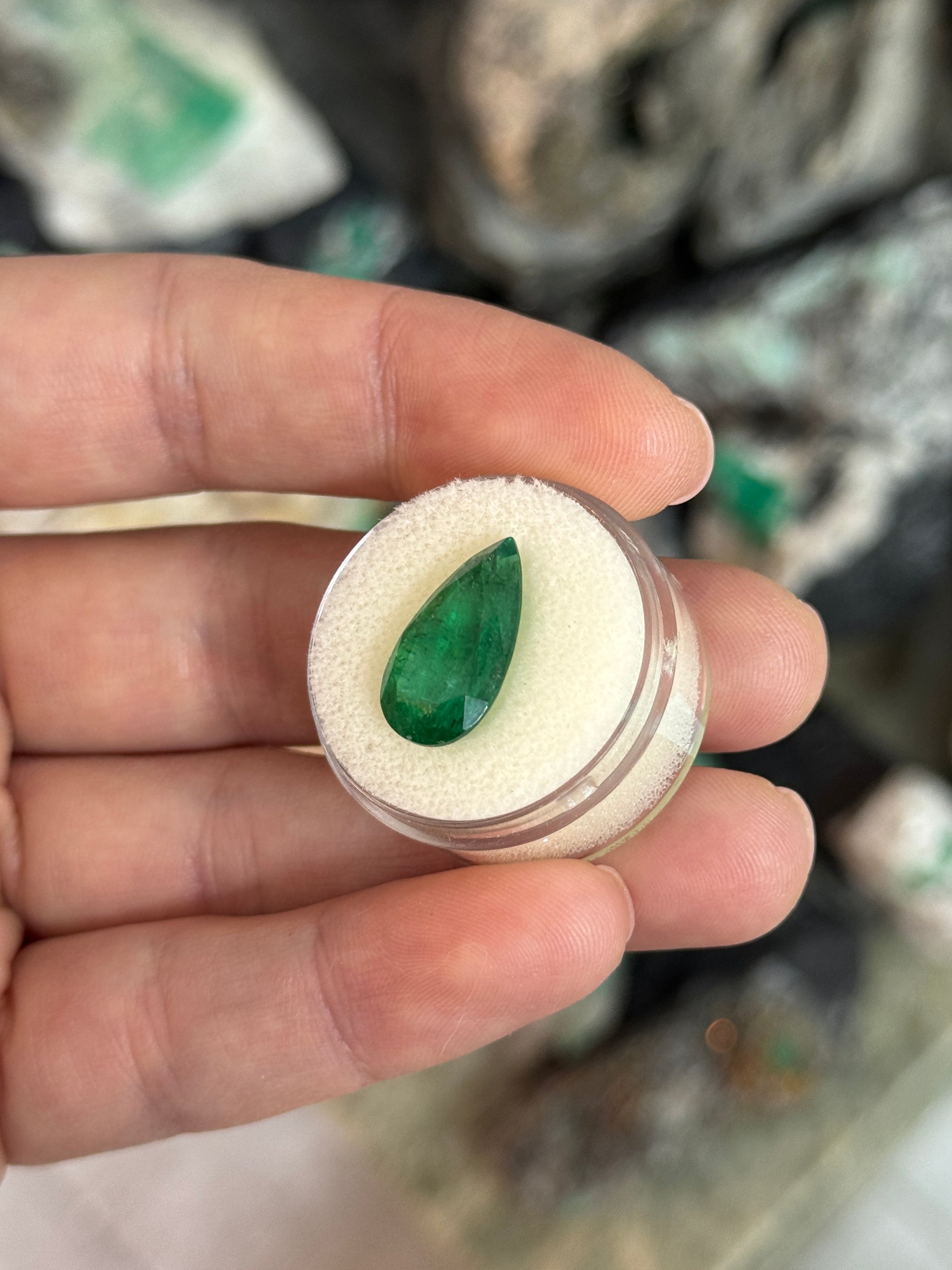 6.44 Carat 17x9 Intense Green Natural Zambian Emerald Pear Cut